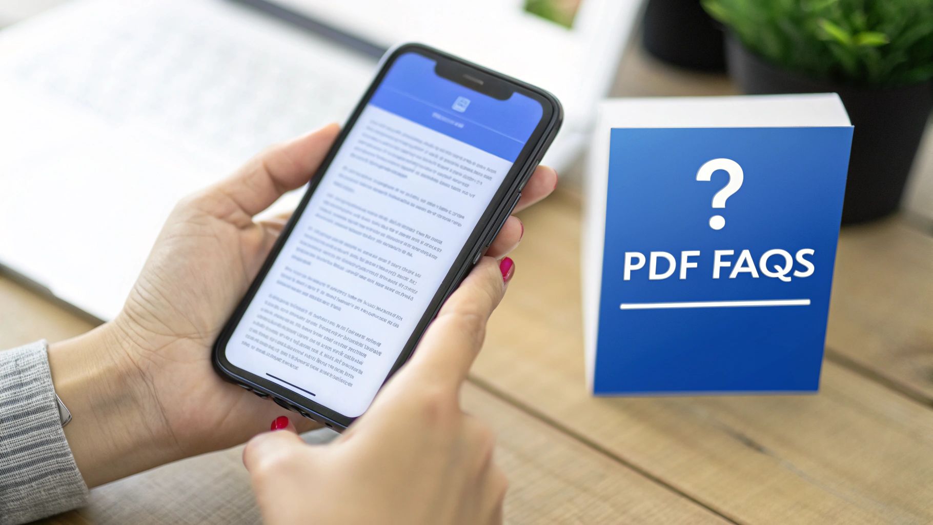 A person holding a smartphone reading content next to a blue sign that says 'PDF FAQS'.