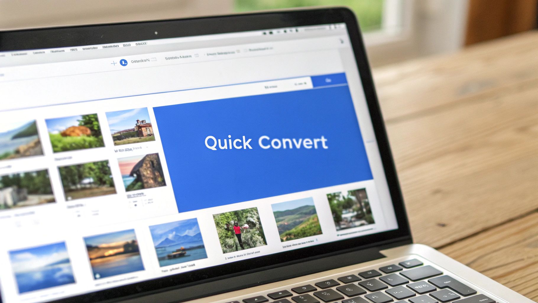 A laptop screen displays a website with multiple image thumbnails and a prominent 'Quick Convert' banner.