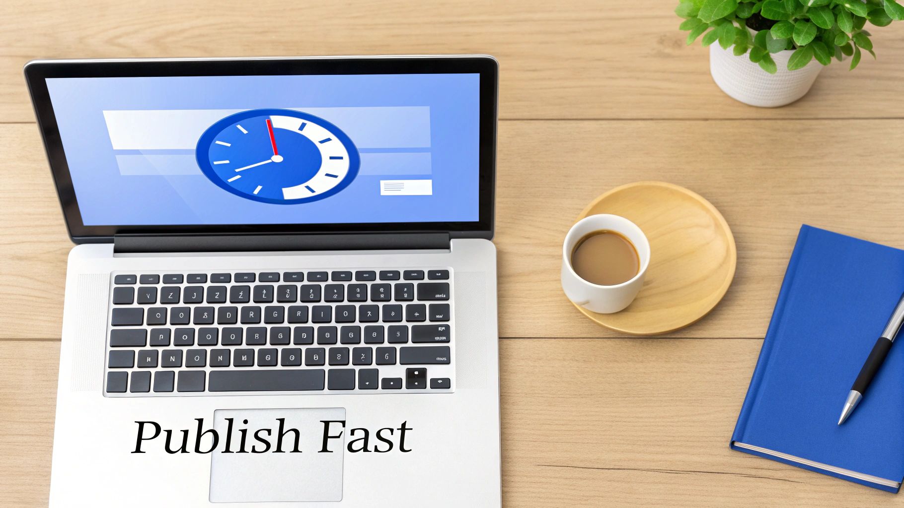 Overhead view of a laptop displaying a clock icon, a coffee cup, plant, and notebook with 'Publish Fast' text on a wooden desk.
