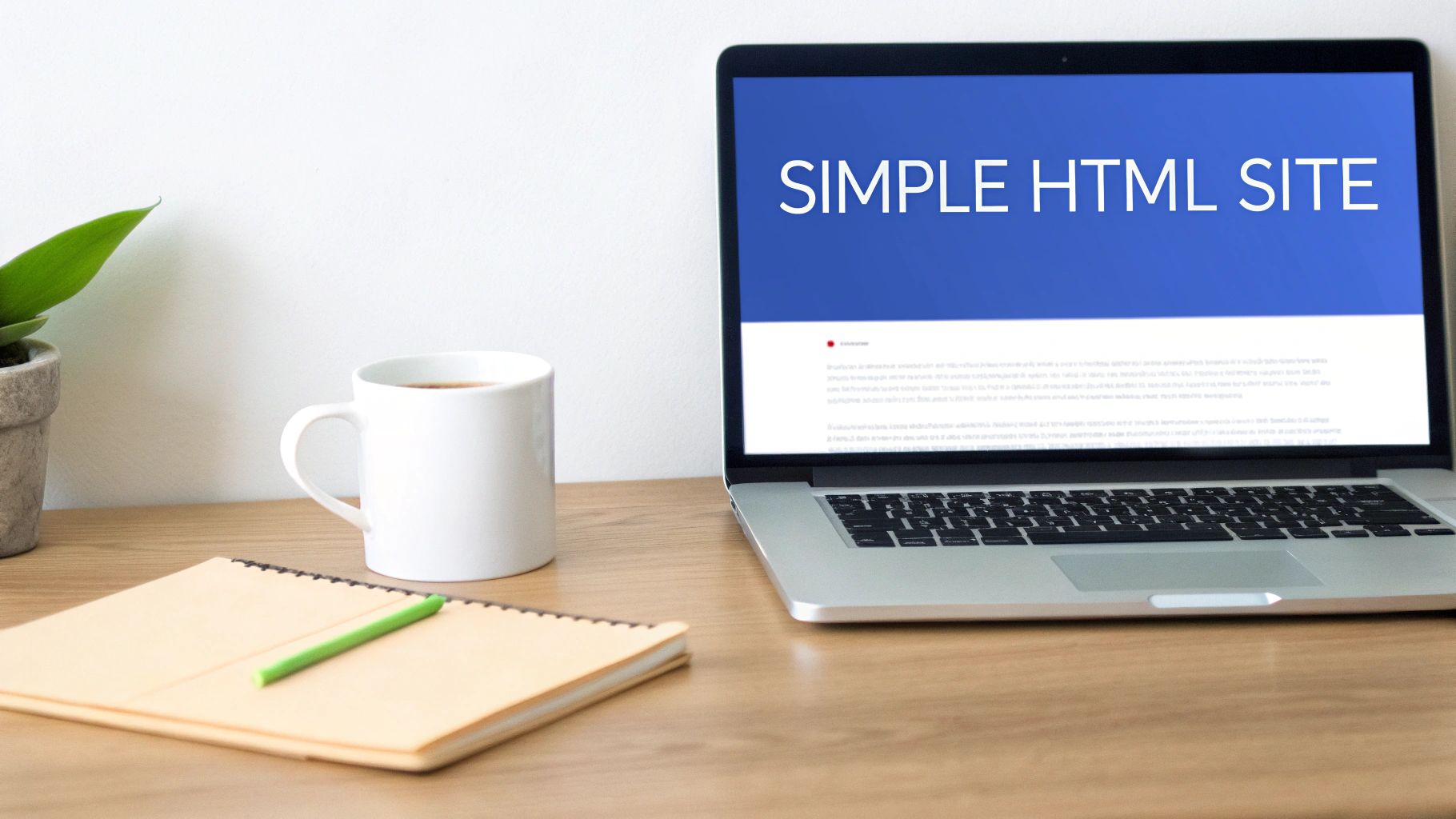 A laptop on a wooden desk displays a 'SIMPLE HTML SITE' with a white mug and notebook.