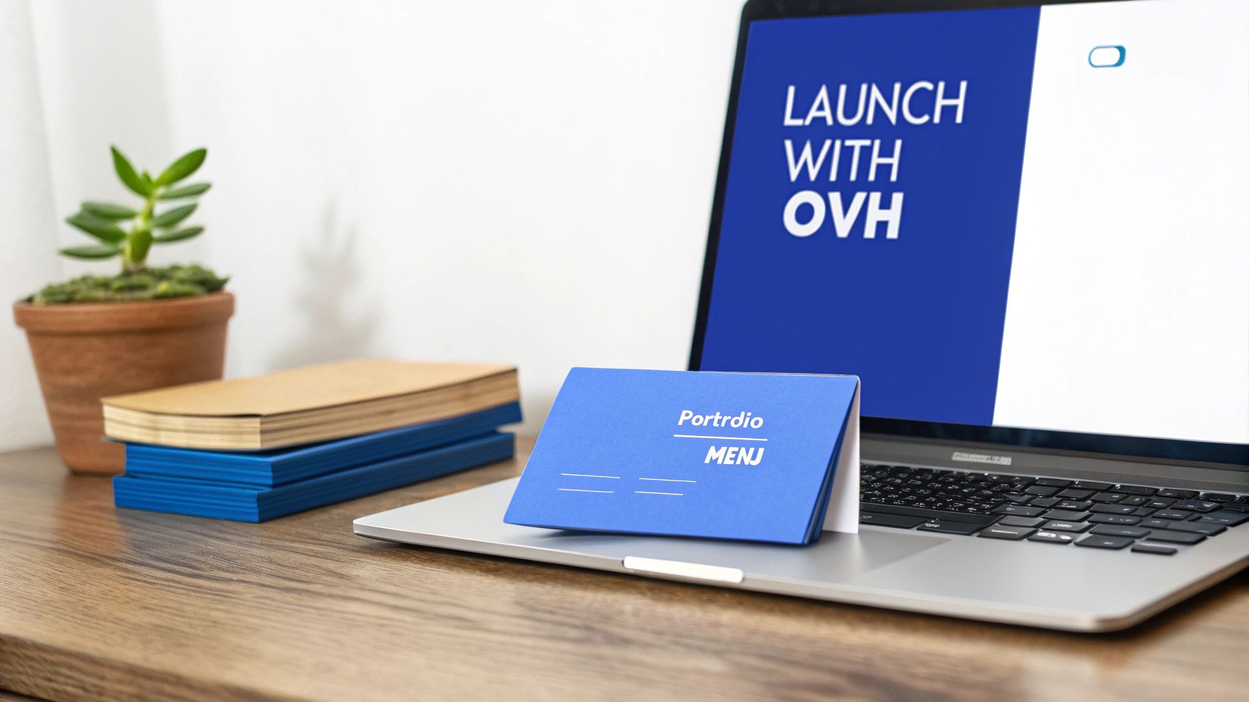 Laptop with 'Launch with OVH' on screen, blue desk sign, notebooks, and a plant on a wooden desk.