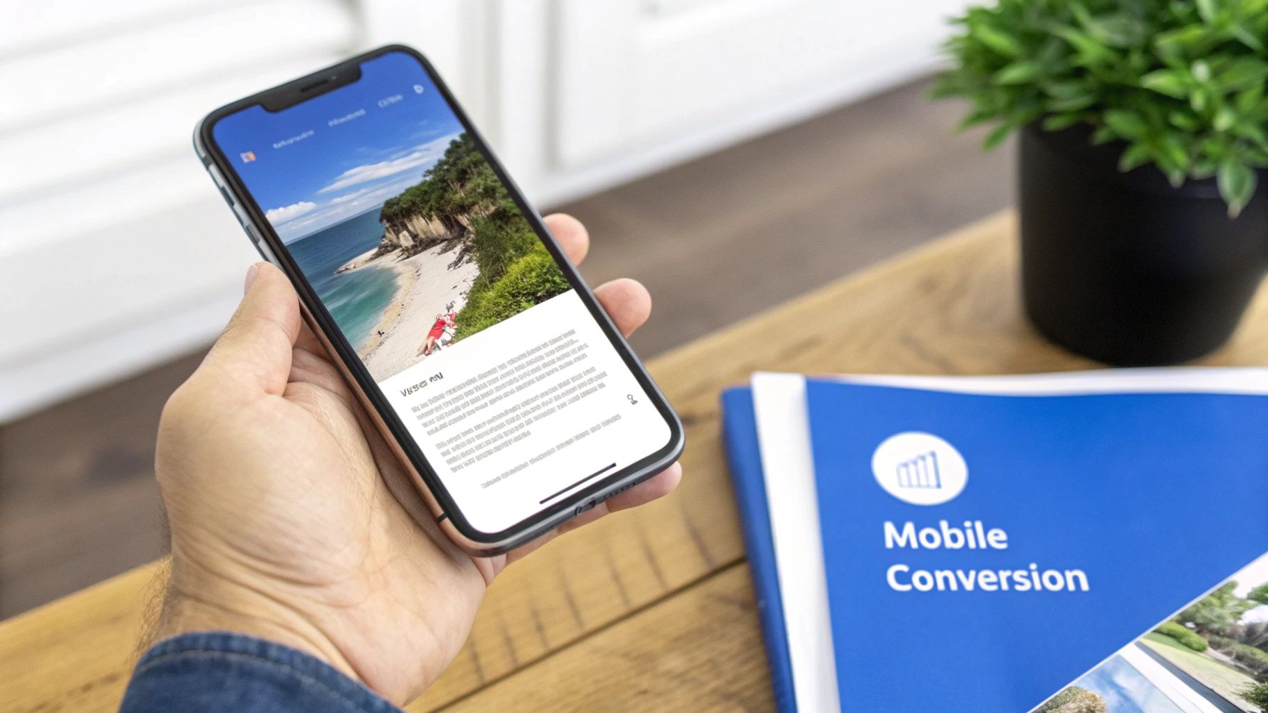 A hand holds a smartphone displaying a beach scene, with a 'Mobile Conversion' book on a wooden table.