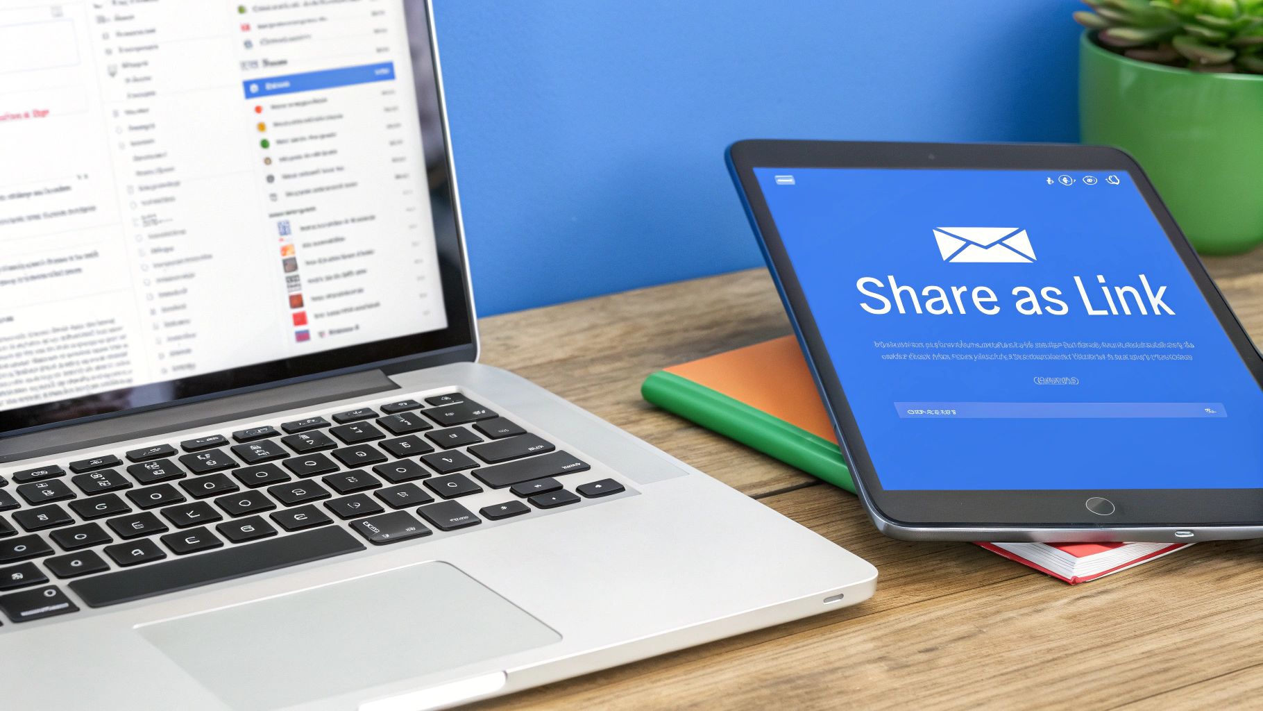 A laptop and a tablet on a wooden desk, with the tablet displaying a 'Share as Link' prompt.