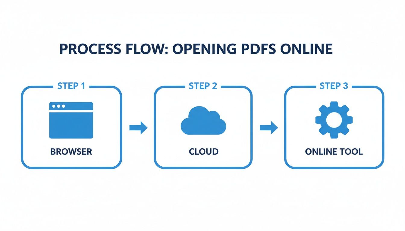 A process flow diagram showing three steps to open PDFs online: Browser, Cloud, and Online Tool.