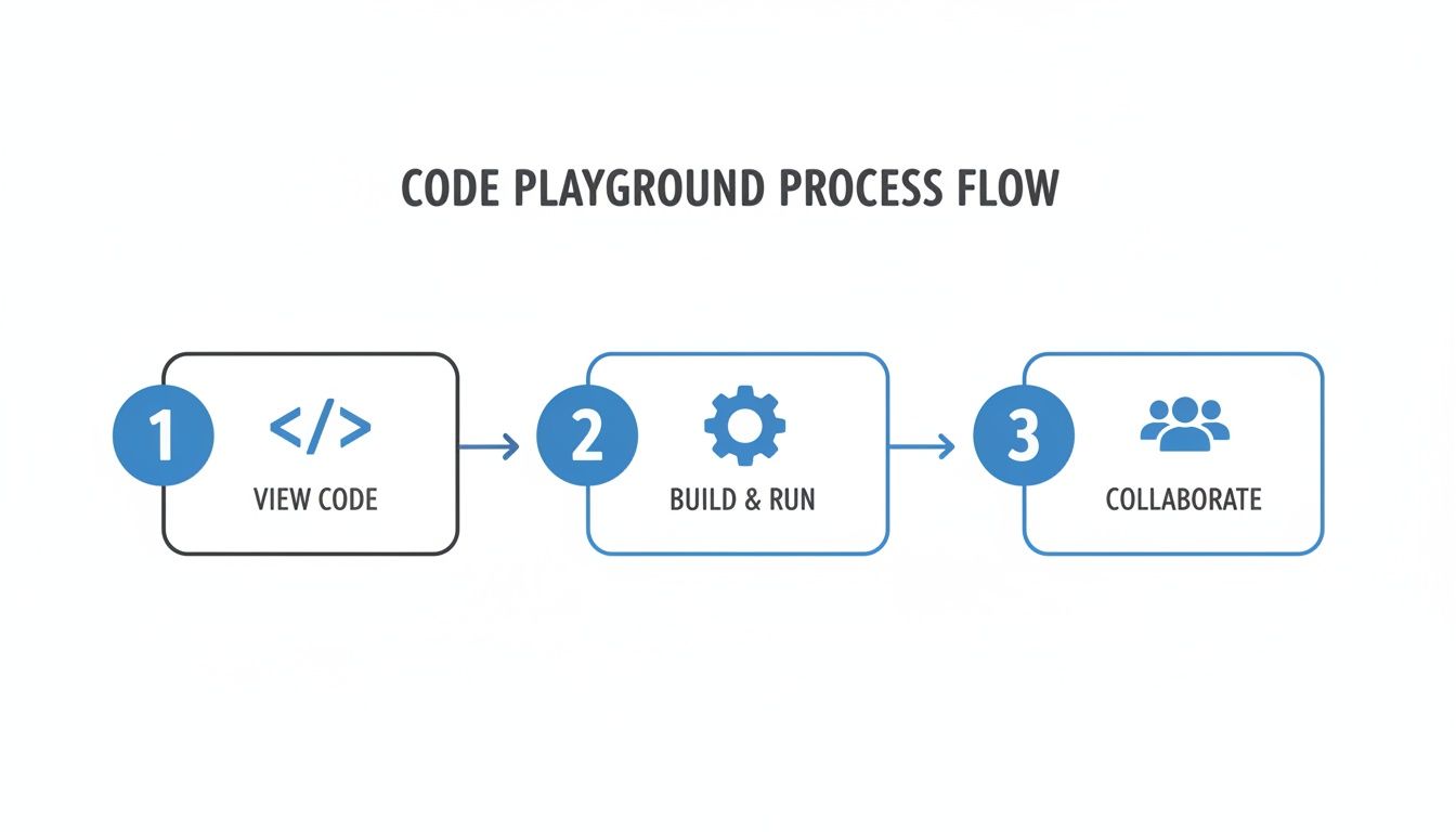 A three-step code playground process flow diagram: 1. View Code, 2. Build & Run, 3. Collaborate.