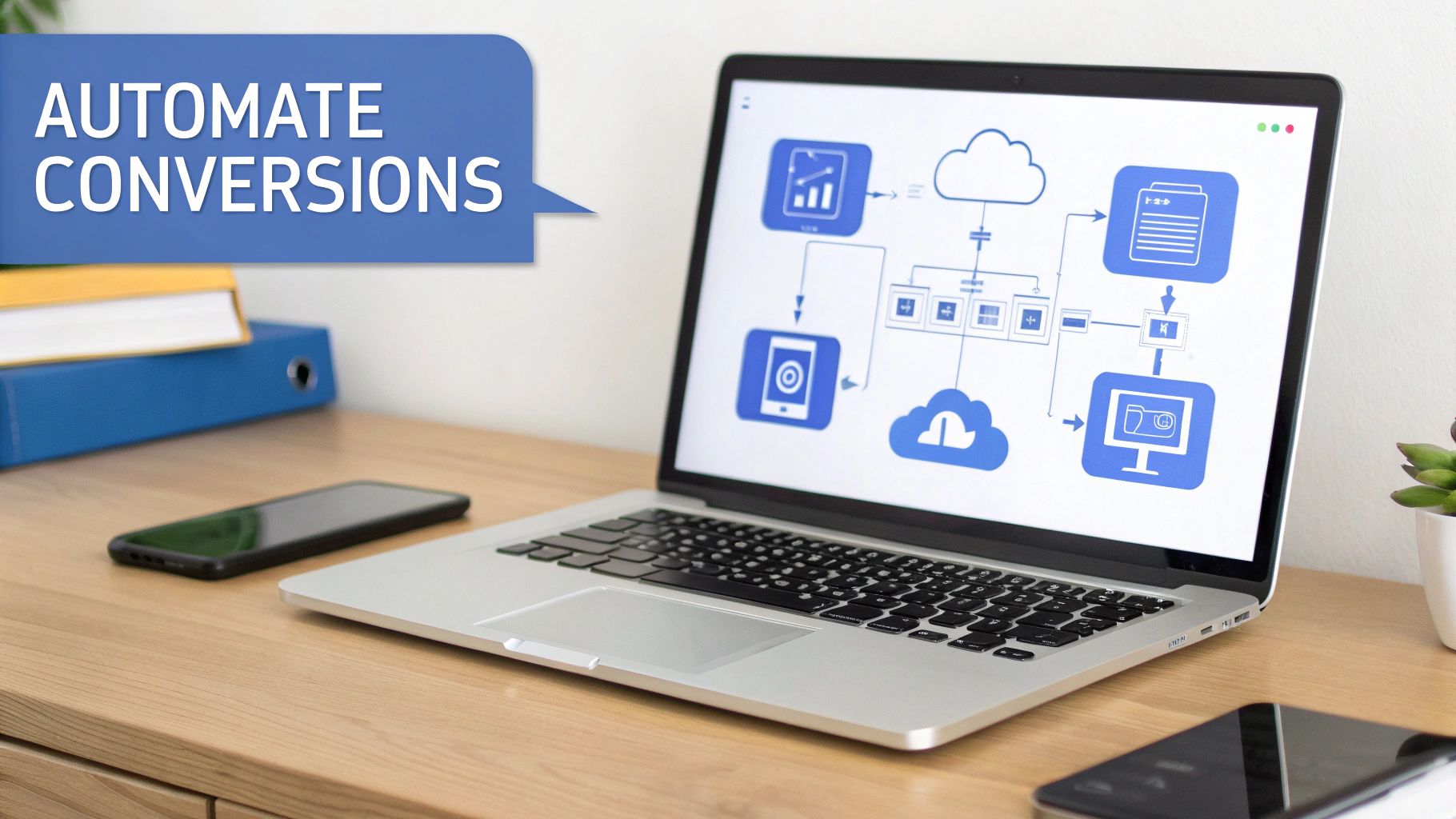 A laptop shows a diagram for automating conversions with cloud, mobile, and desktop integration on a desk.