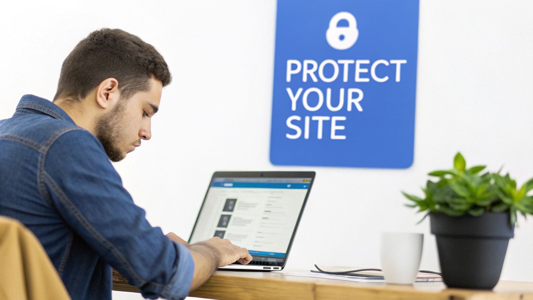 A young man intently types on a laptop, with a 'PROTECT YOUR SITE' sign in the background.