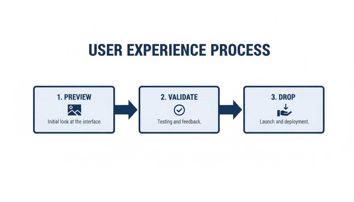A diagram illustrating the three-step user experience process: Preview, Validate, and Drop (Launch).