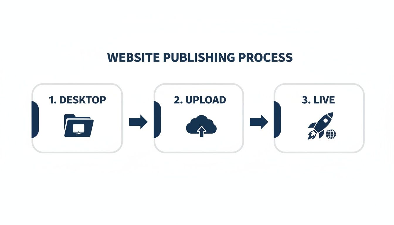 Infographic detailing the website publishing process from desktop preparation to live upload.