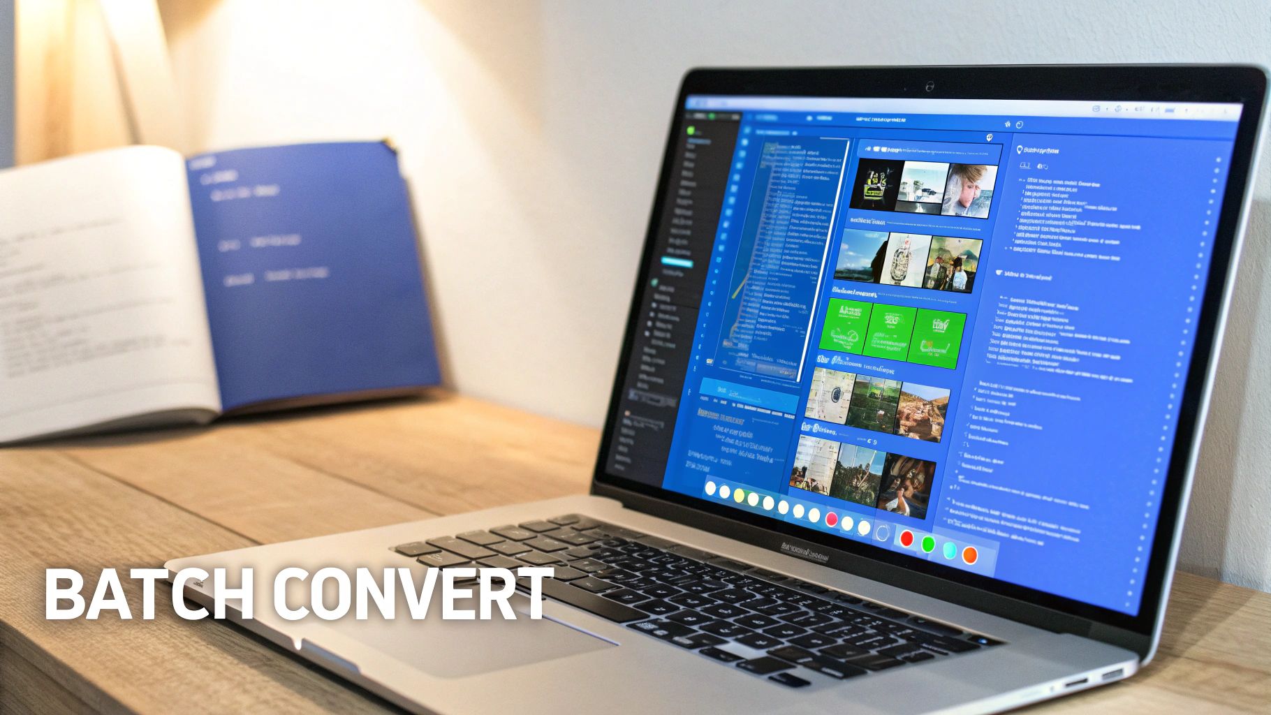 Laptop on a wooden desk displaying a blue software interface with an open book, featuring 'BATCH CONVERT' text.