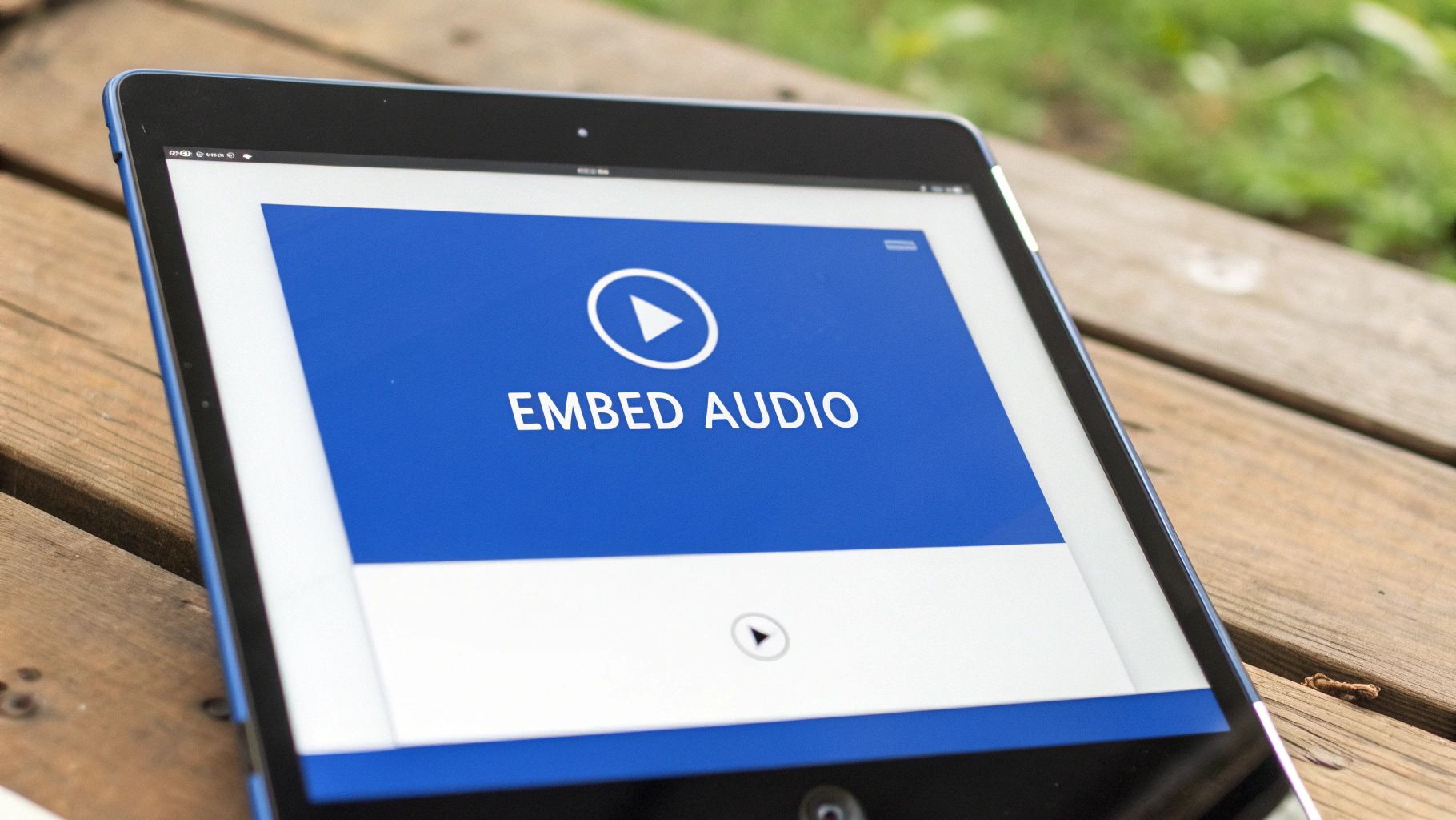 A tablet displays a blue screen with a play icon and the text 'EMBED AUDIO' on a wooden table.