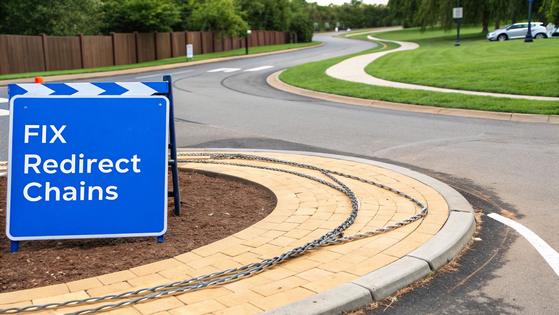 A blue sign with white text reads 'FIX Redirect Chains' on a landscaped island in a winding road.
