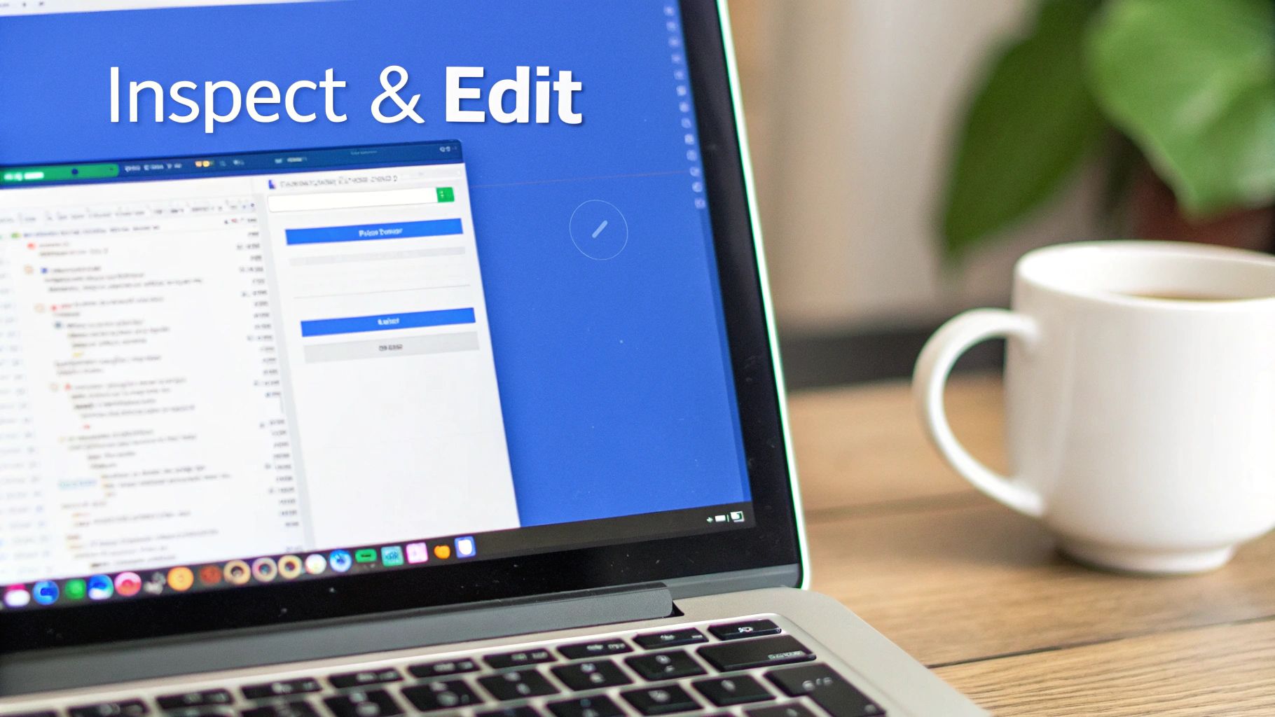 A close-up of a laptop displaying 'Inspect & Edit' on its blue screen, showing a web browser next to a coffee mug.