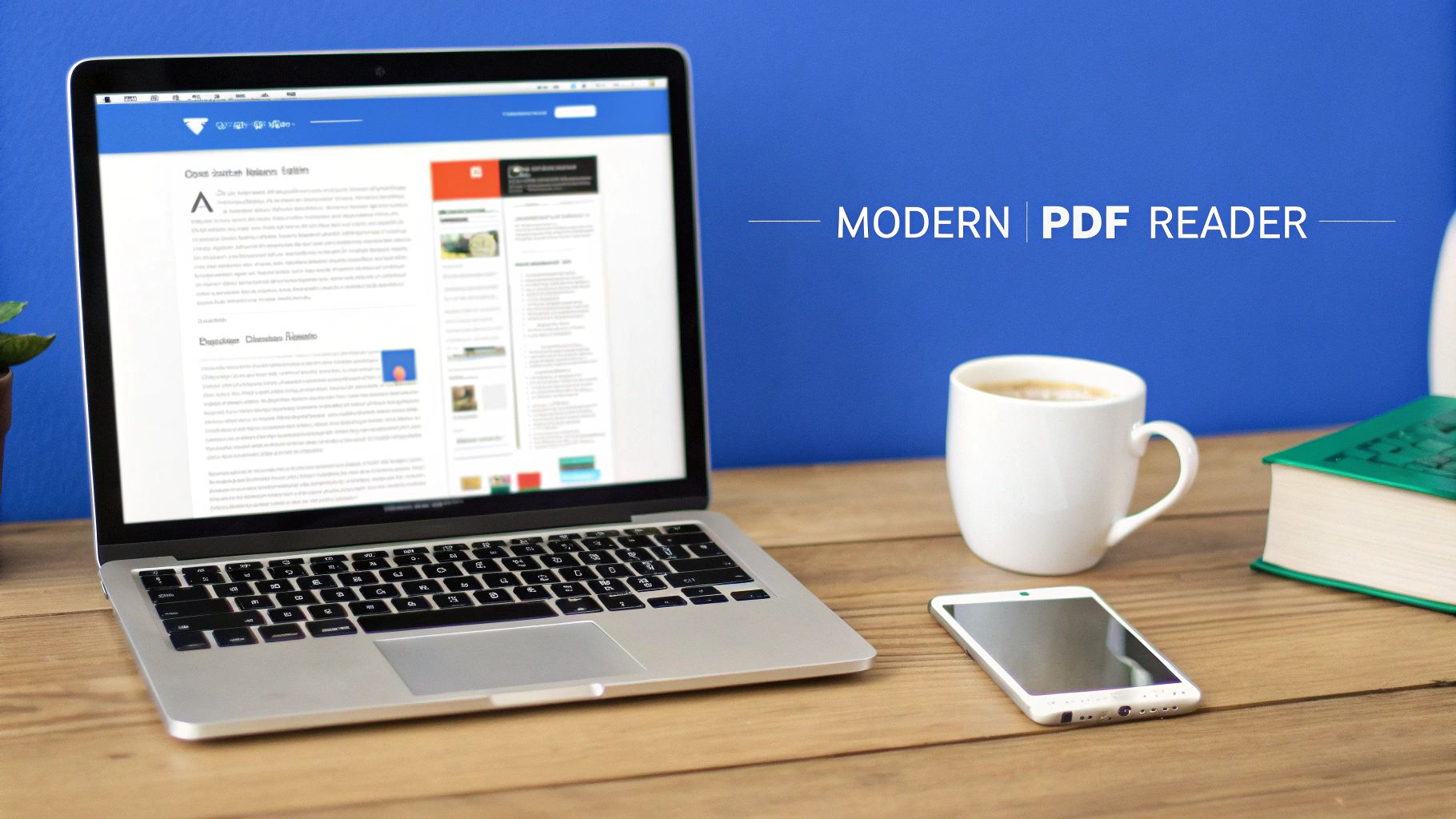 A laptop displaying a document, coffee mug, smartphone, and book on a wooden desk, highlighting modern reading.