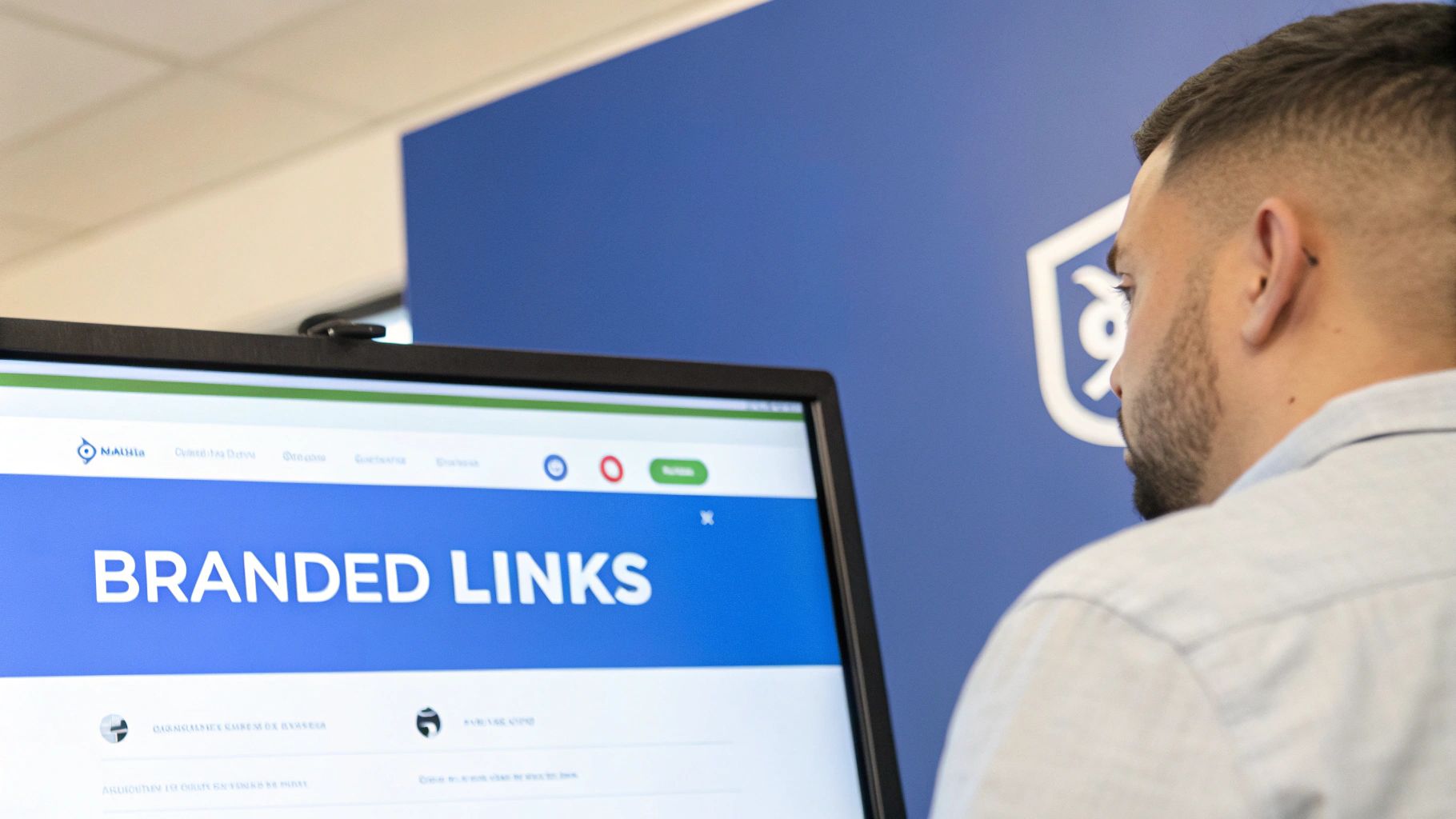 A man views a computer screen displaying 'BRANDED LINKS' with a company logo on a blue wall.