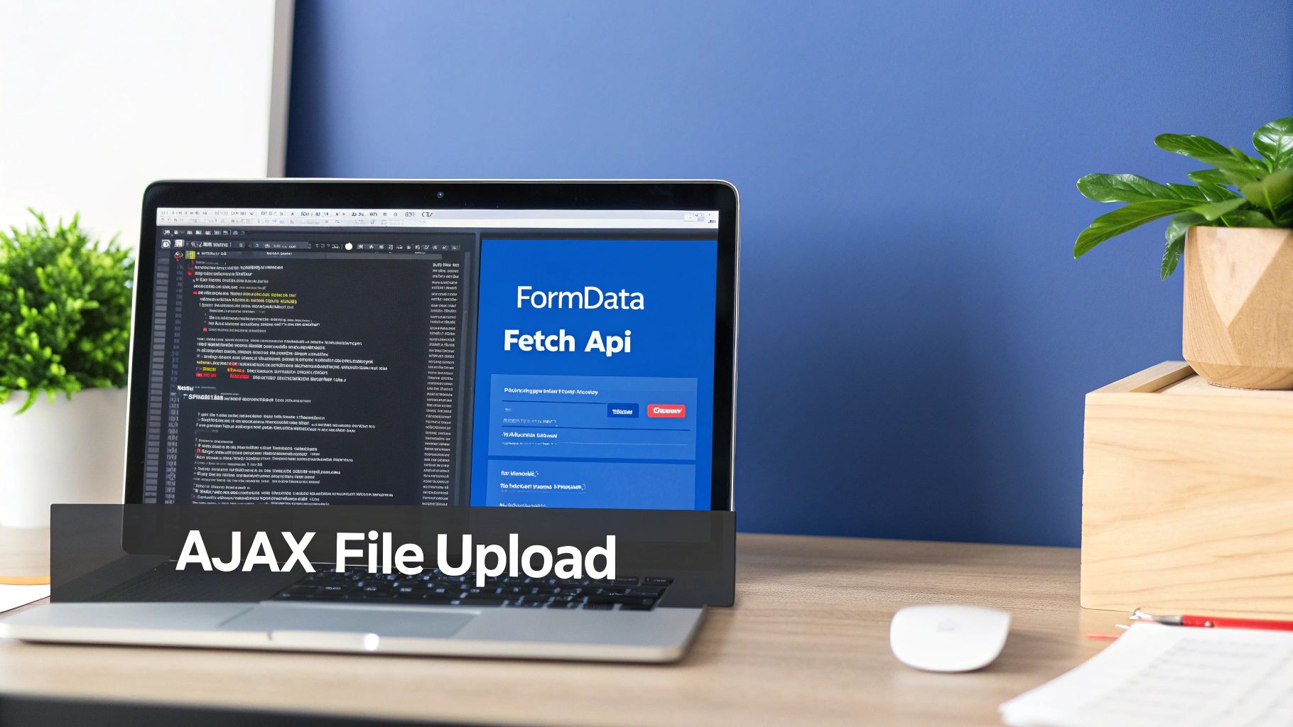 A laptop displaying code and a web page about AJAX file upload using FormData and Fetch API.