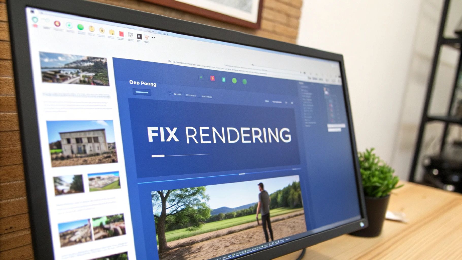 A computer monitor displaying a website with 'FIX RENDERING' text and various design elements.