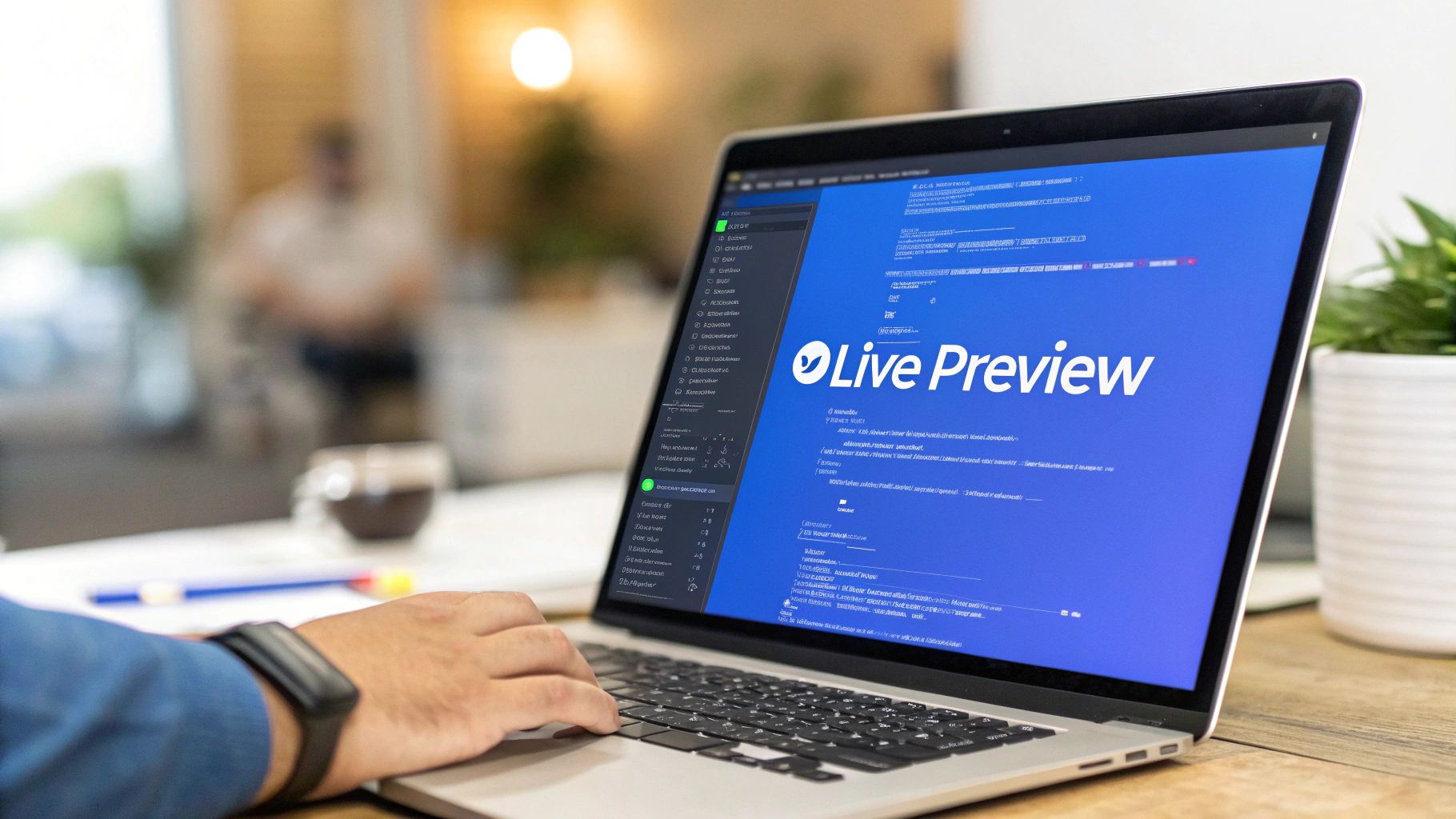 Hands typing on a laptop displaying a 'Live Preview' coding interface, showcasing development.