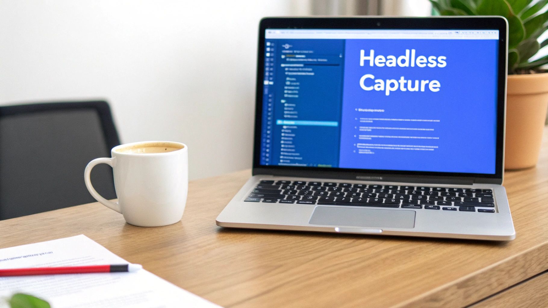 A laptop displaying 'Headless Capture' on a wooden desk with a coffee mug and document.