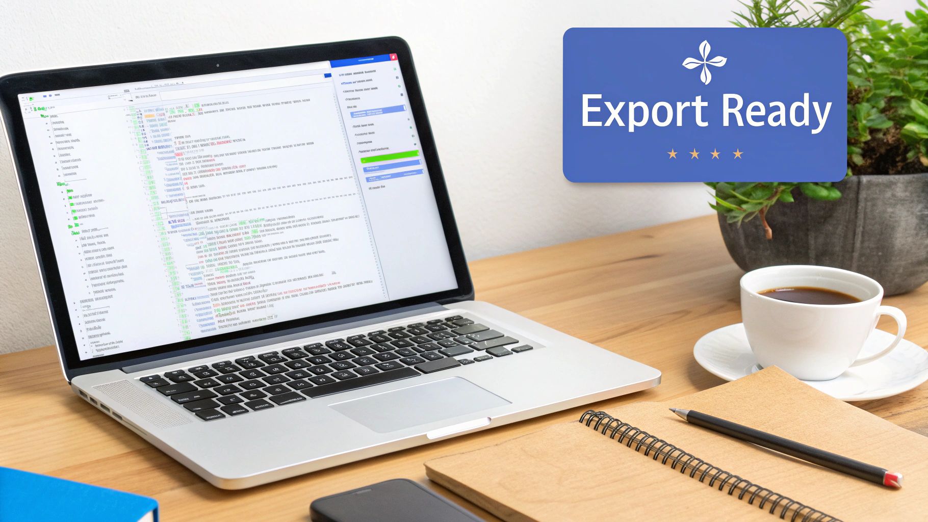 A laptop displaying code on a wooden desk with a coffee cup, notebook, and 'Export Ready' banner.
