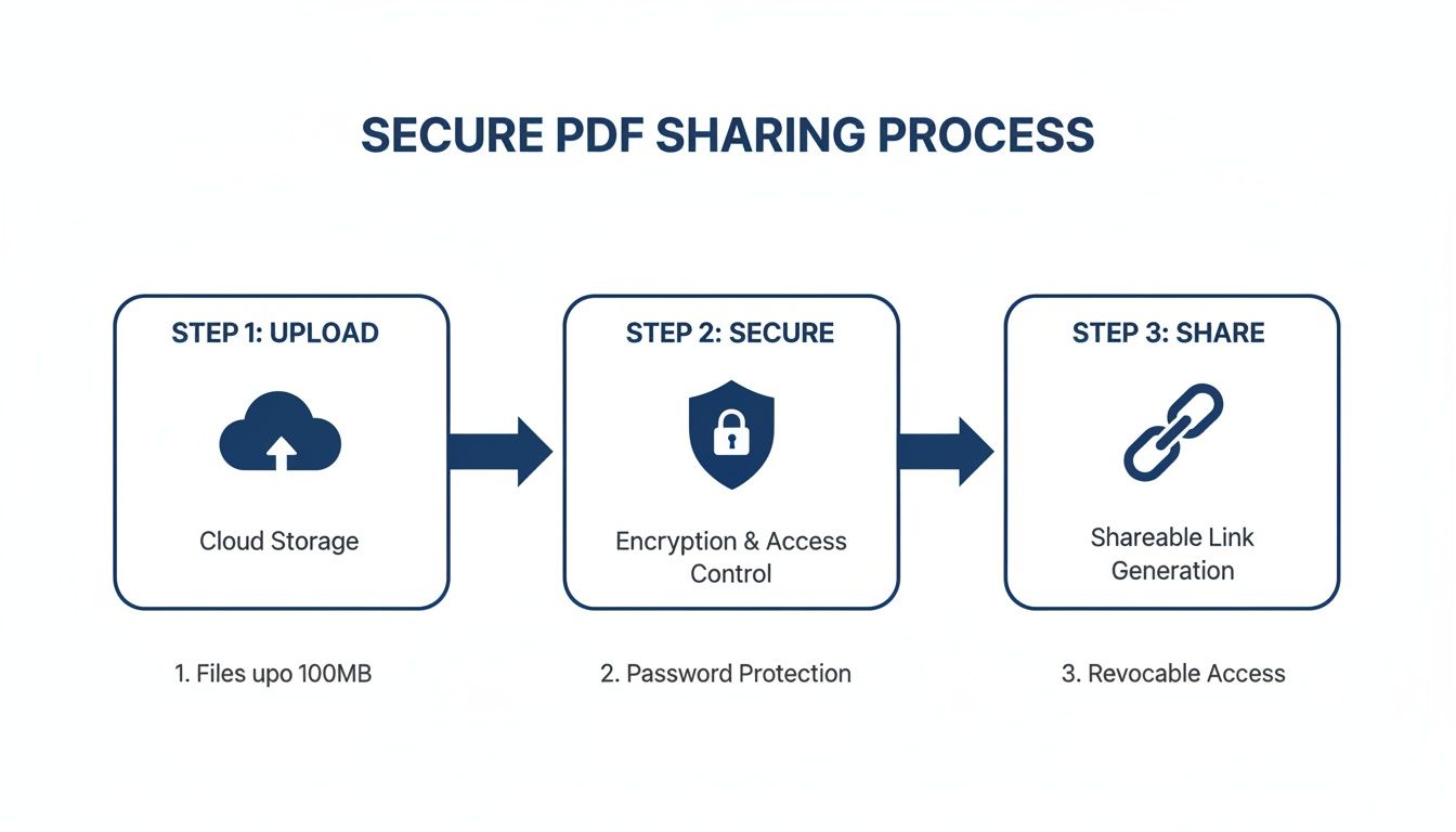 A diagram outlining the secure PDF sharing process: upload to cloud, secure with encryption, and share via a link.