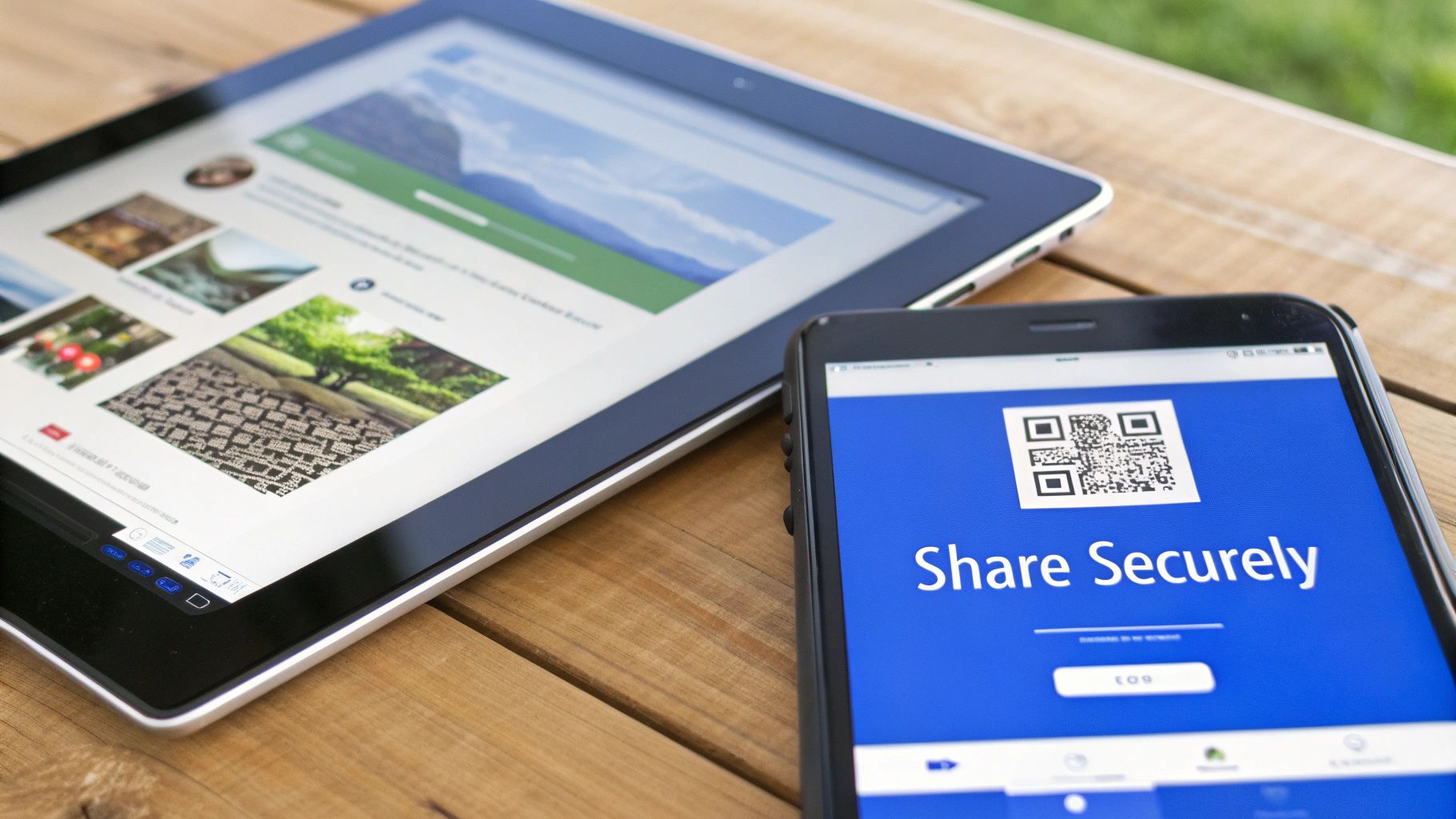 A tablet showing photos and a smartphone with a 'Share Securely' QR code on a wooden table.