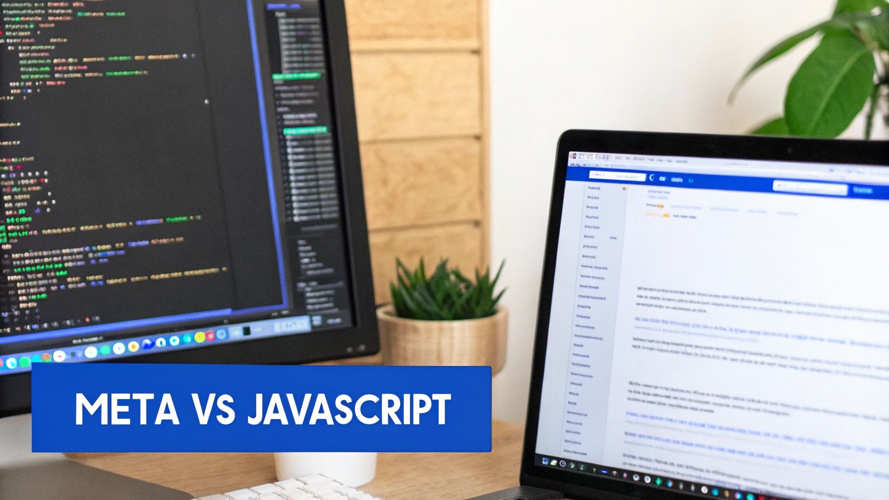 A developer workspace with two monitors, one showing code and a 'META VS JAVASCRIPT' banner.