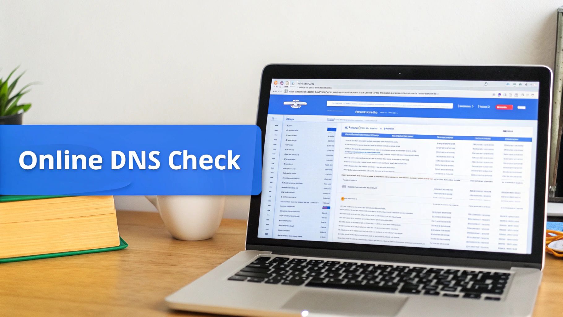 Laptop screen displaying an 'Online DNS Check' webpage, with books and a plant on a wooden desk.