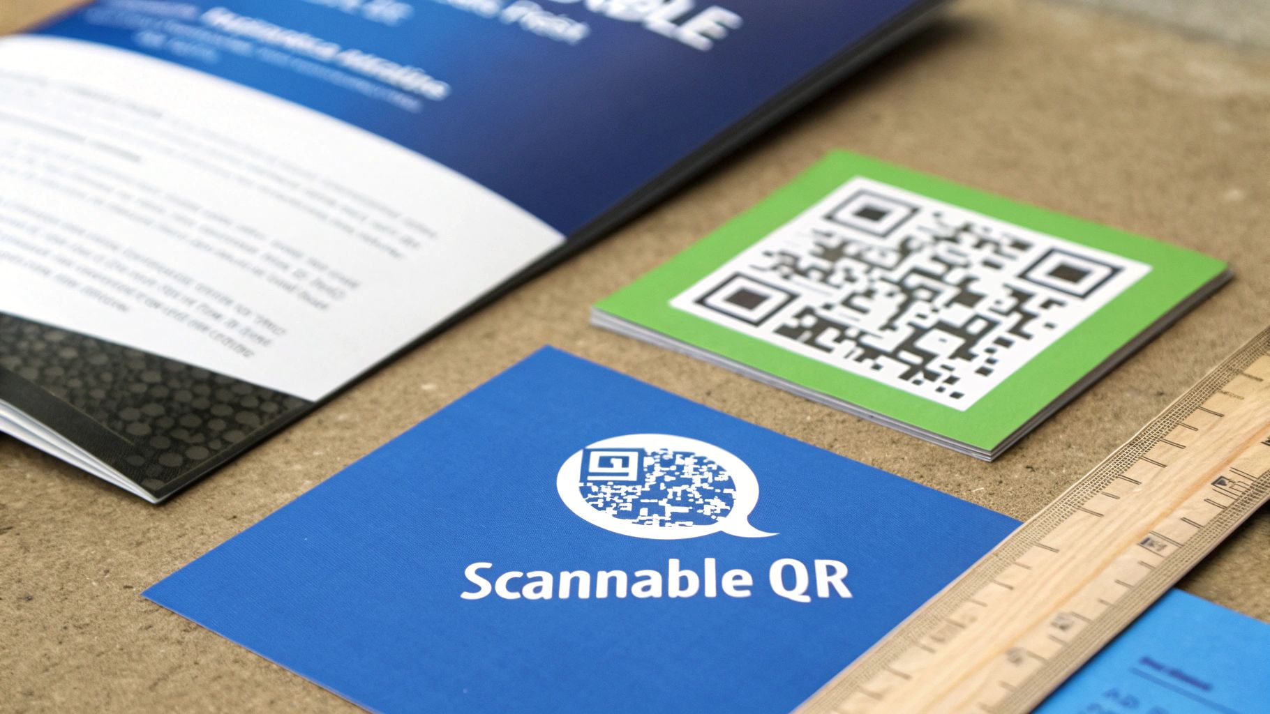 Various printed materials featuring QR codes, a brochure, and a wooden ruler on a textured surface.