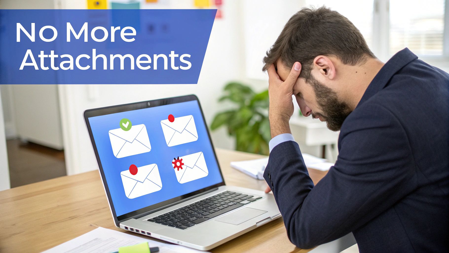 A stressed man looks at a laptop displaying email icons with errors and 'No More Attachments' text.