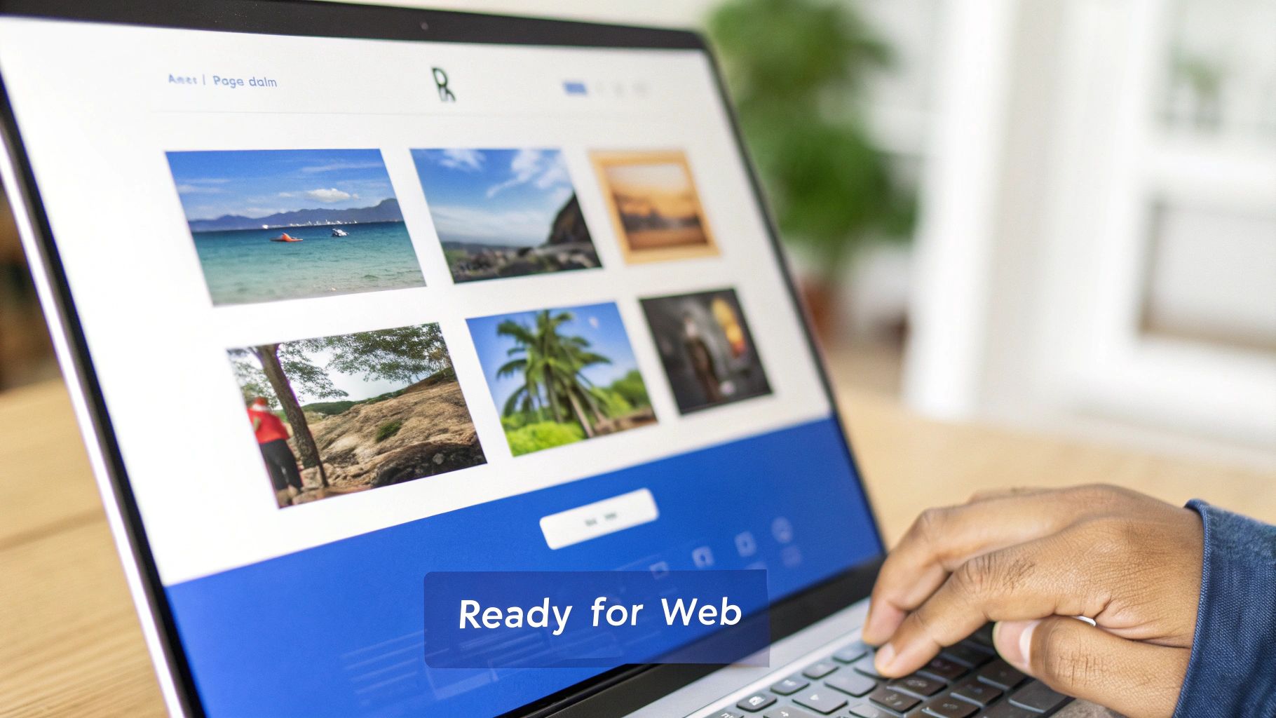 A person's hand typing on a laptop displaying a website with a grid of various landscape images.