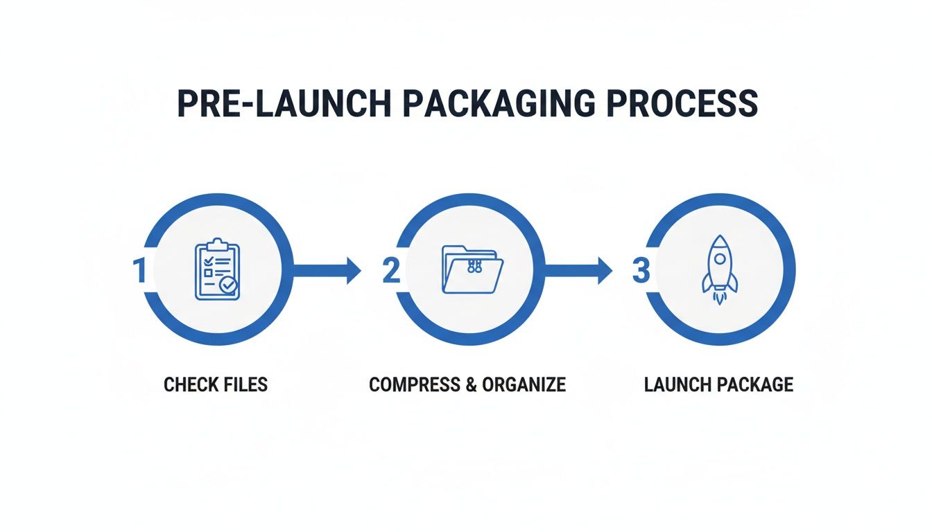A three-step infographic showing the pre-launch packaging process: check files, compress & organize, and launch package.