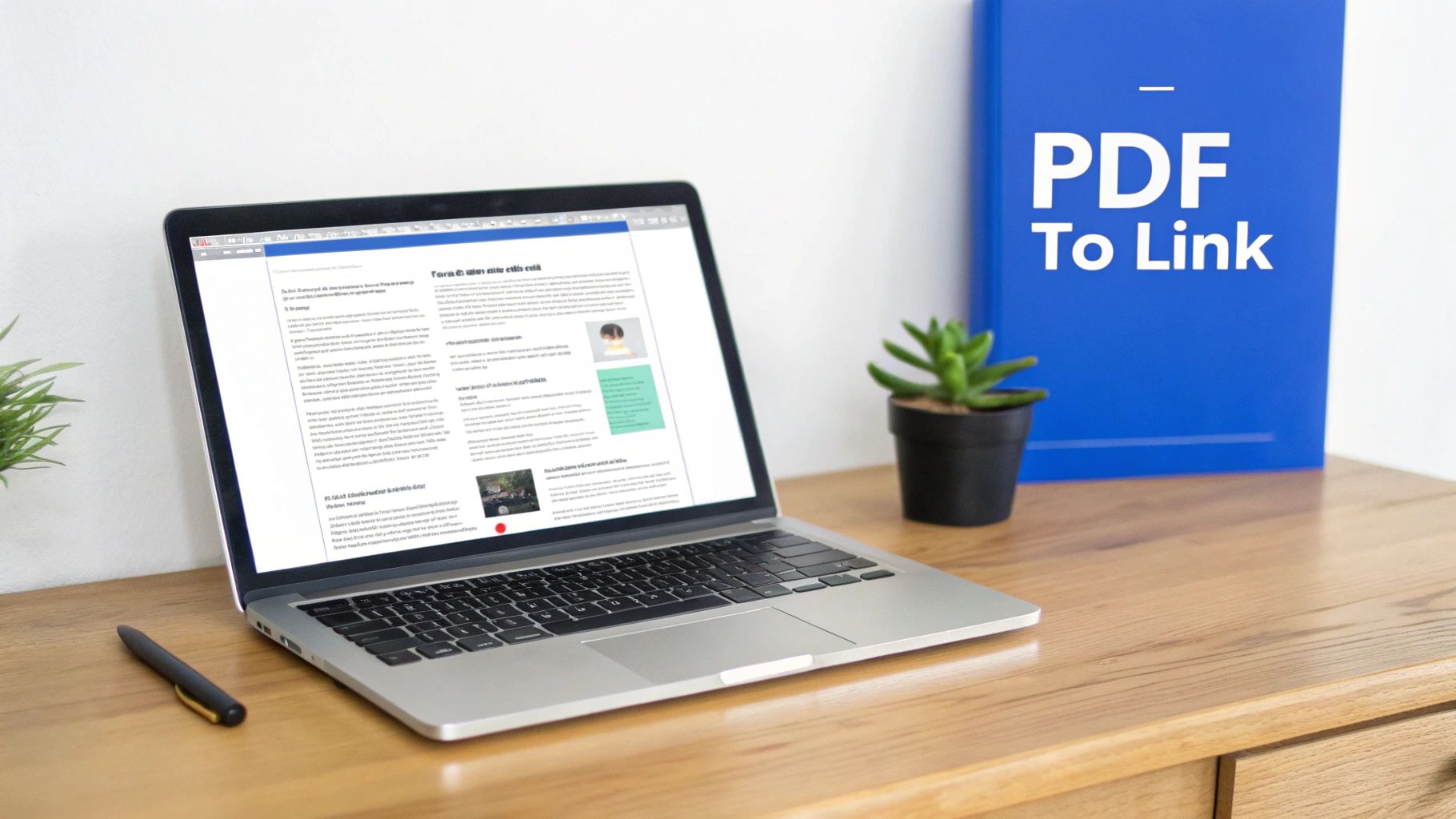 A laptop displaying a document next to a blue book titled 'PDF To Link' on a wooden desk.
