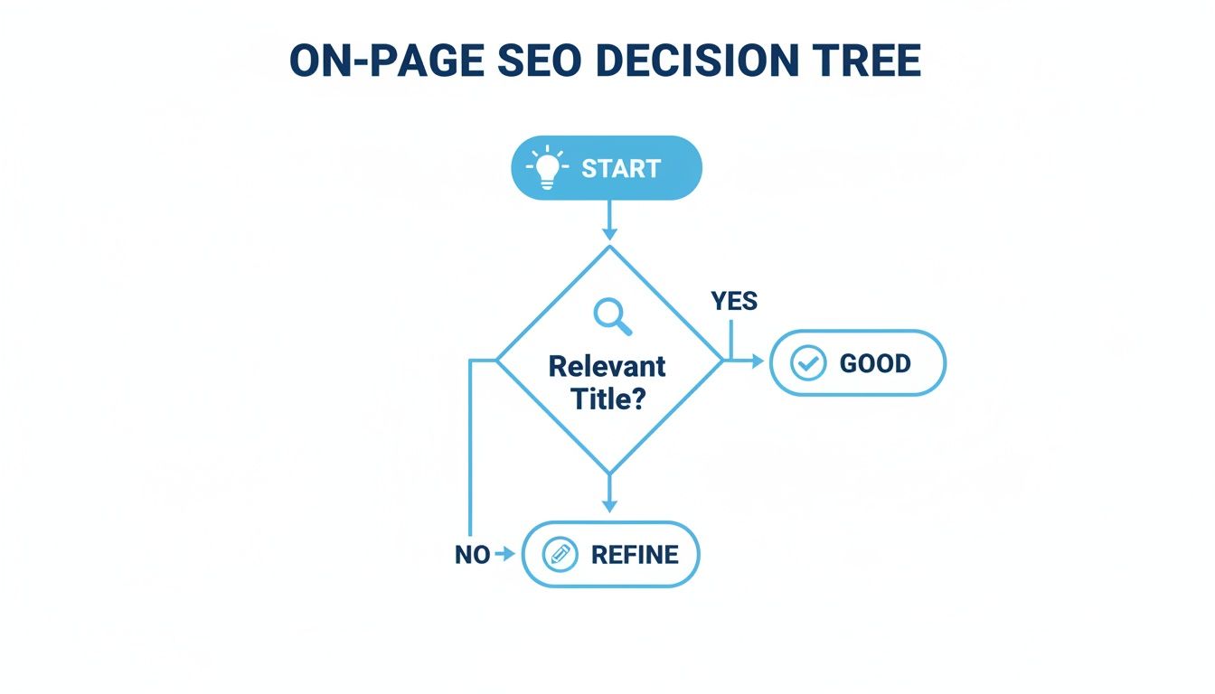A flowchart illustrating an on-page SEO decision tree for title relevance, starting with a relevant title check.