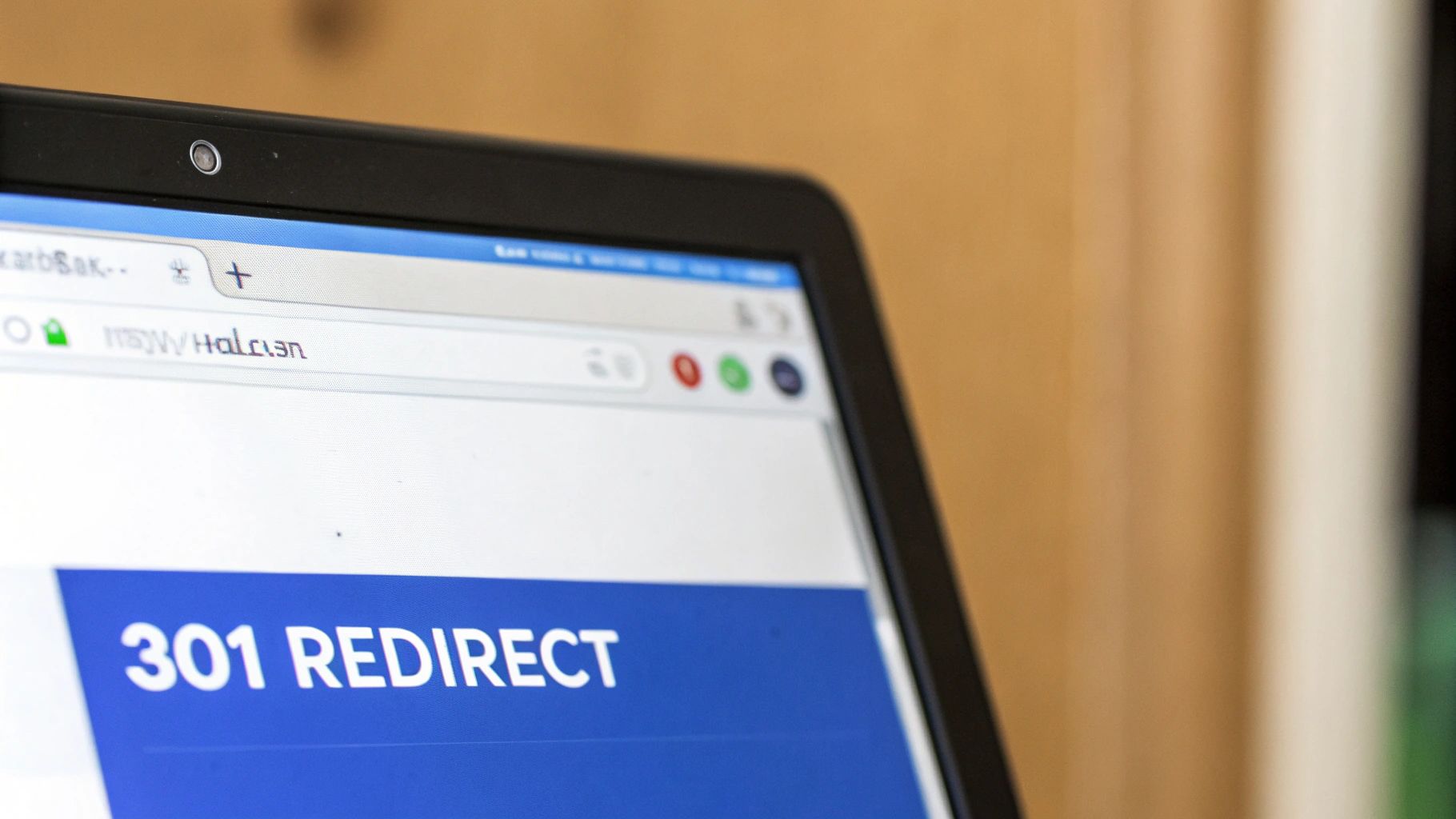 Close-up of a laptop screen displaying a web browser with a '301 REDIRECT' message.
