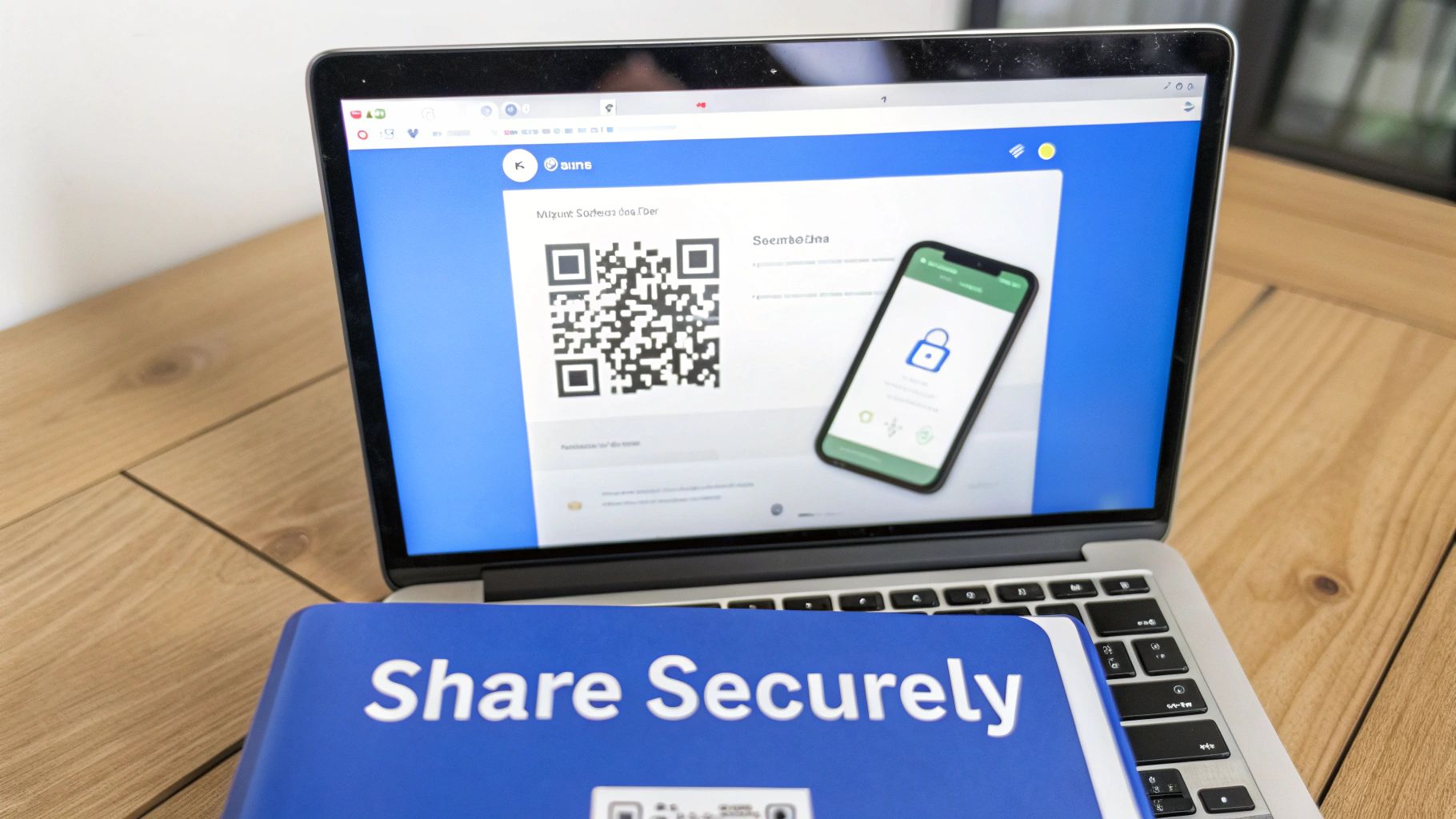 Laptop screen showing a QR code and a smartphone with a padlock, next to a 'Share Securely' folder.