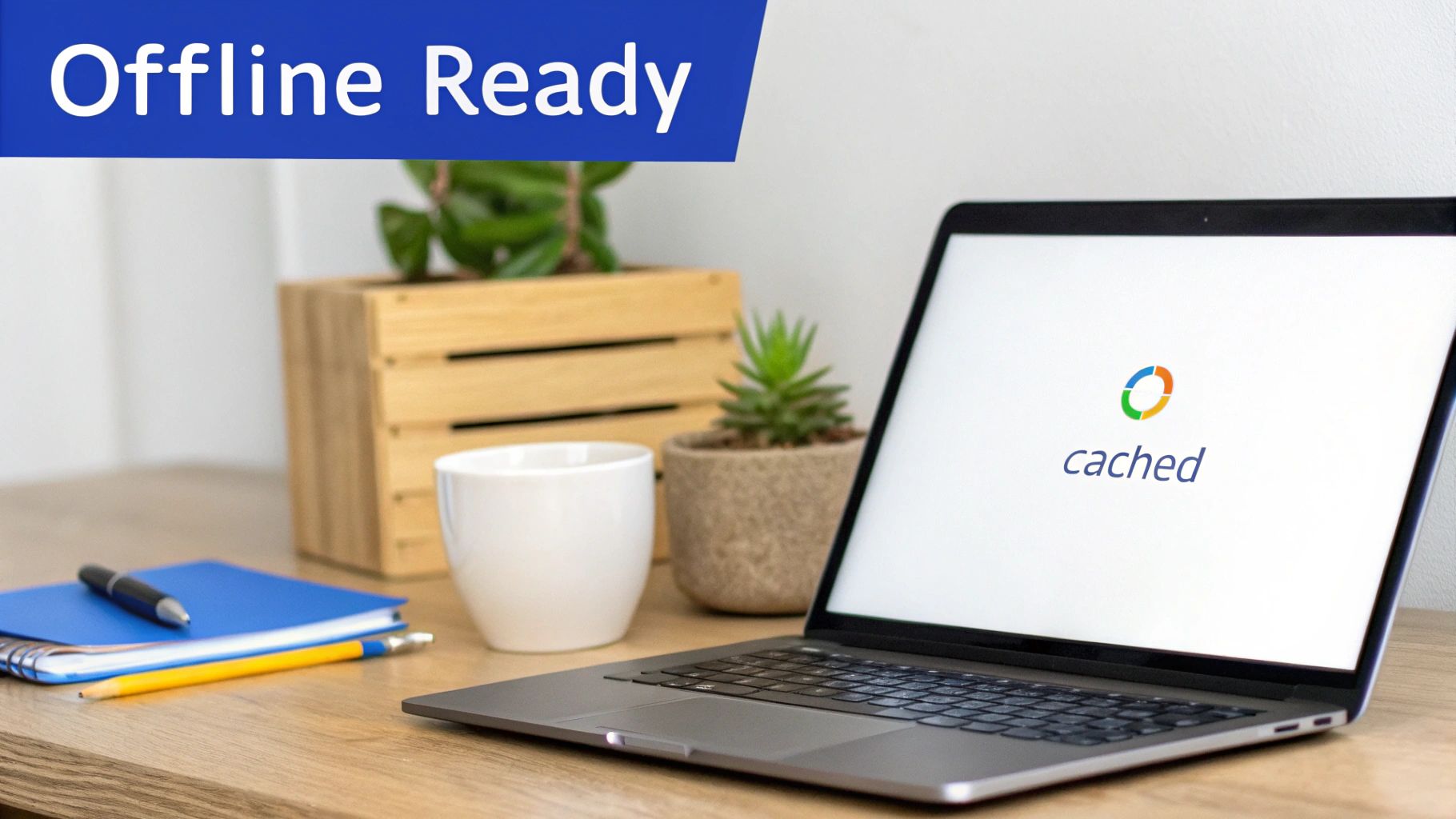 A laptop displaying 'cached' logo and 'Offline Ready' banner, on a desk with a mug and plants.