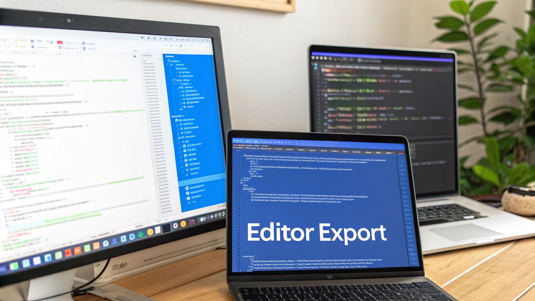 Three computer screens display code editors and development environments on a wooden desk.