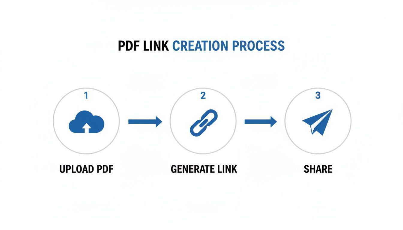 A three-step infographic outlining the PDF link creation process: upload, generate, and share.