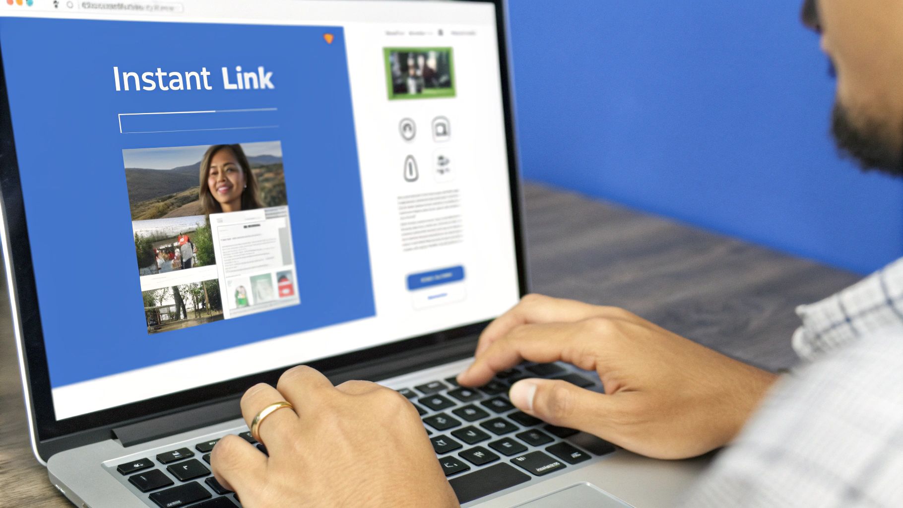 A person is typing on a laptop, using a webpage titled