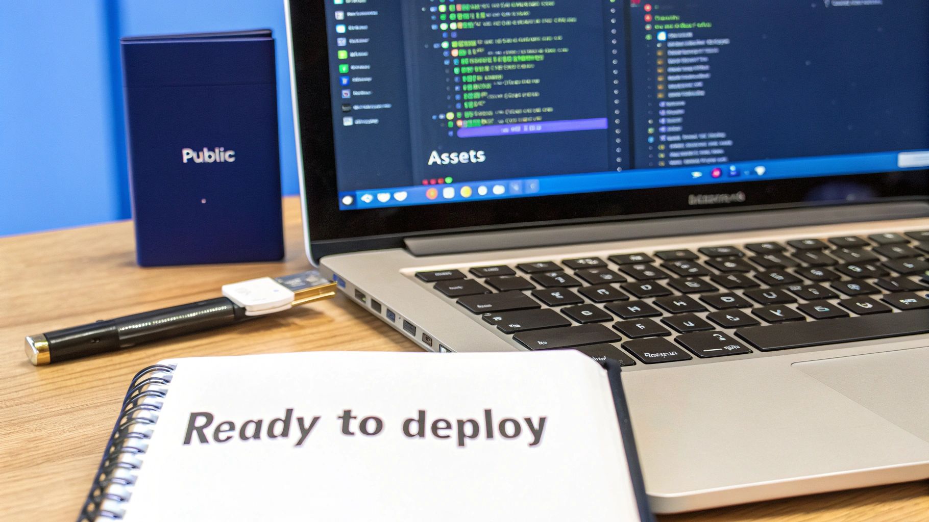 A laptop displaying code, a 'Public' box, and a notebook saying 'Ready to deploy', symbolizing website deployment.