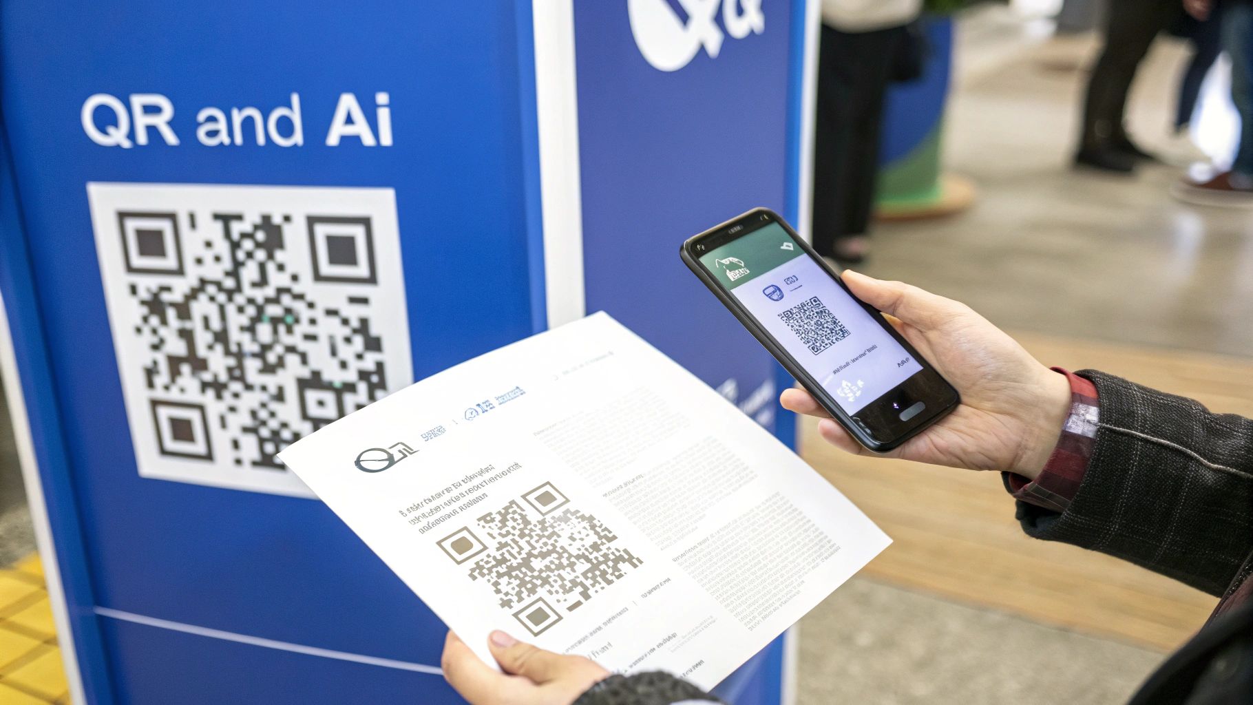 A person holds a smartphone and a document with QR codes, near a blue sign with 'QR and Ai'.