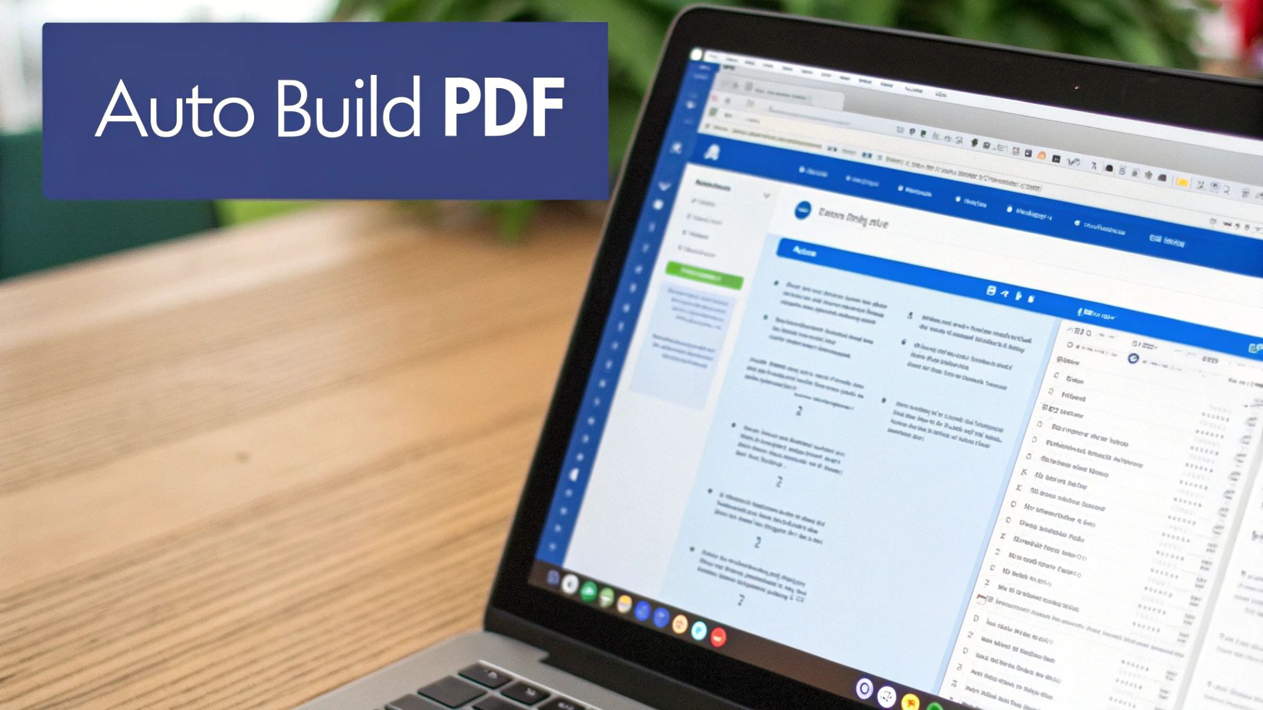 A laptop on a wooden desk displaying a web page with an overlay text 'Auto Build PDF'.