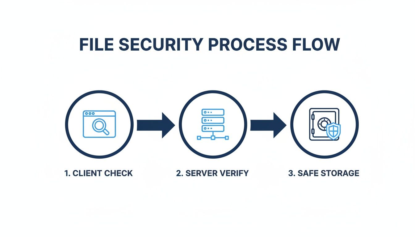 An infographic illustrating the three-step file security process: client check, server verification, and secure storage.