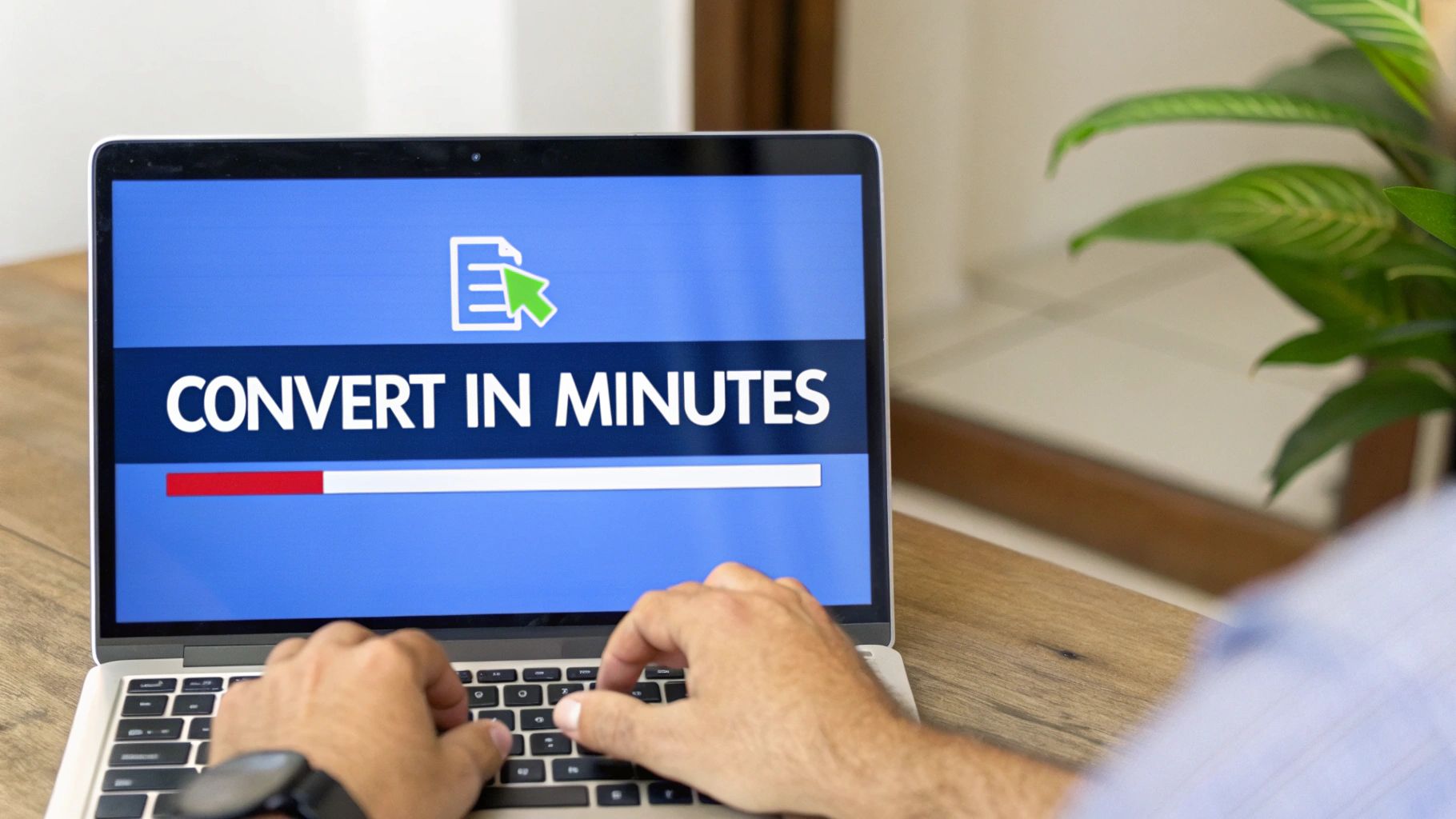Person typing on a laptop showing a screen with 'CONVERT IN MINUTES' and a progress bar.