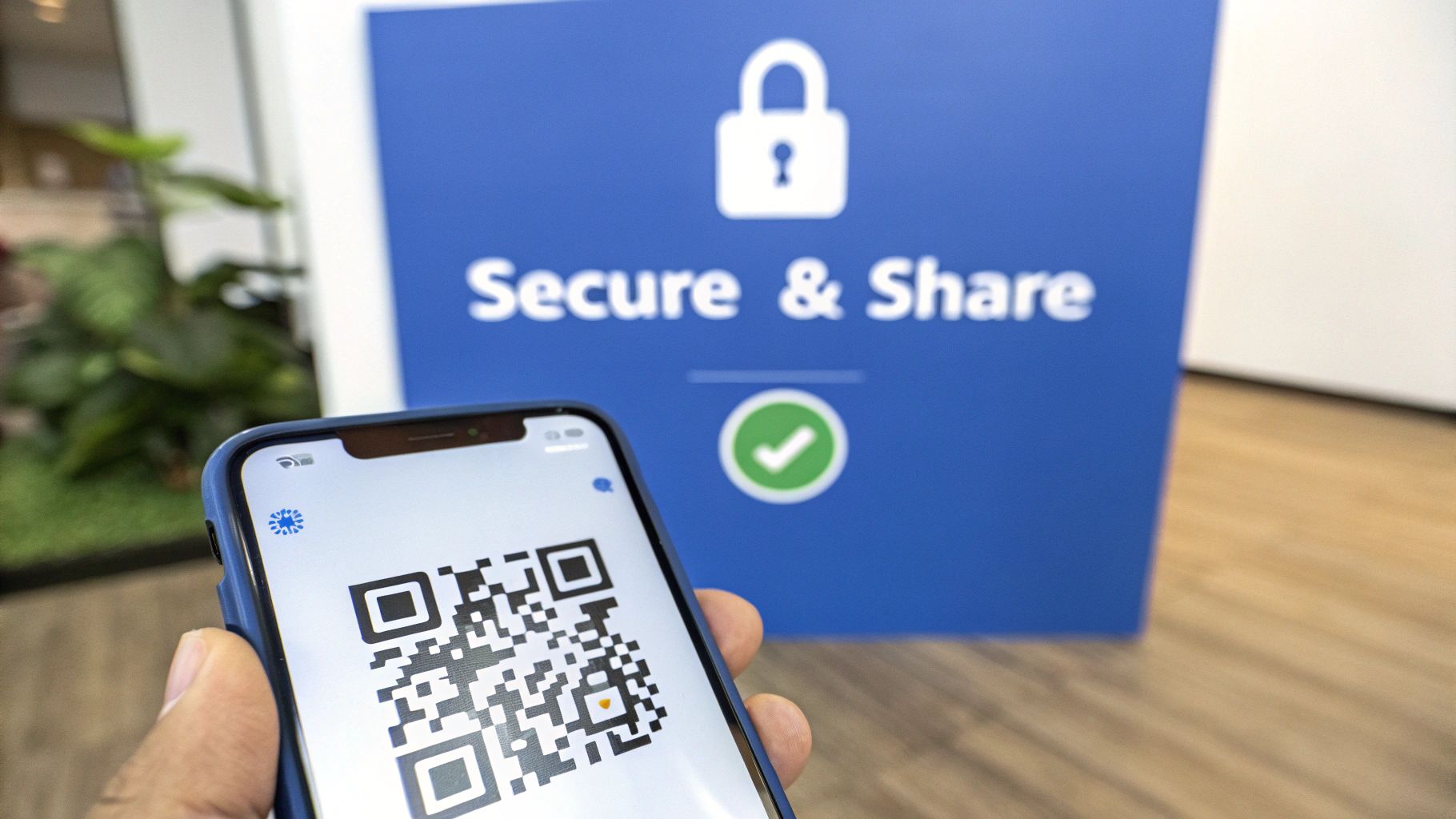 A hand holds a smartphone displaying a QR code, with a blue 'Secure & Share' sign in the background.