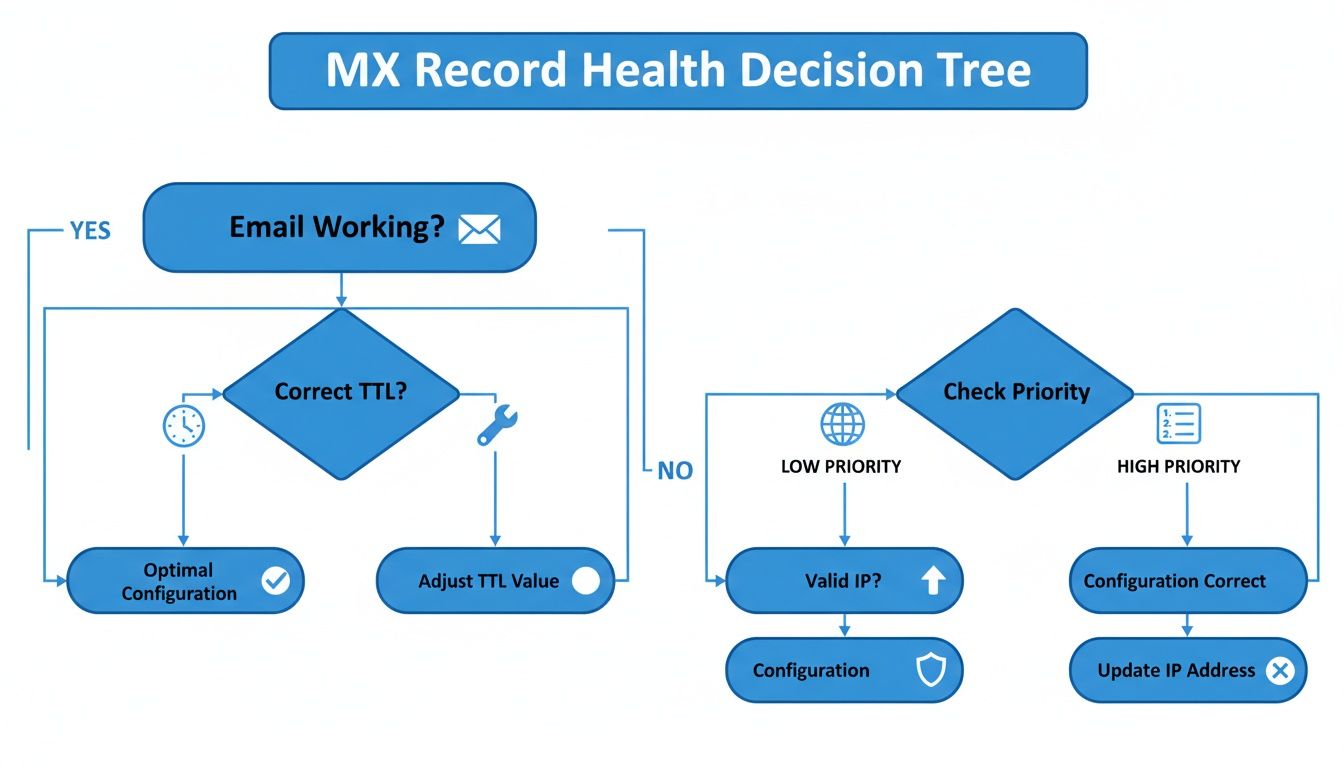 A flowchart outlining steps to diagnose and resolve MX record health issues, including email function, TTL, and priority.