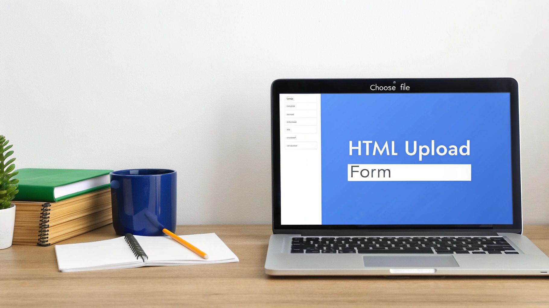 A laptop on a wooden desk displaying an 'HTML Upload Form' with books and a blue mug.