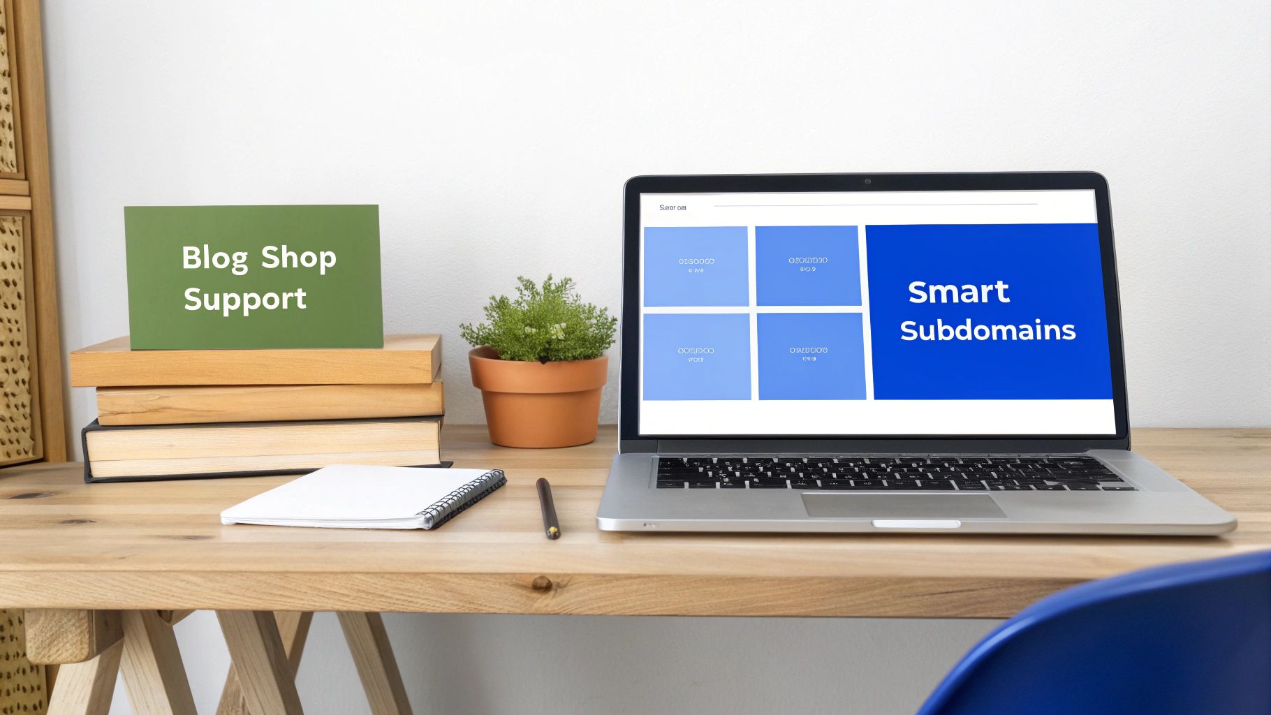 A desk workspace with a laptop showing 'Smart Subdomains', stacked books, and a 'Blog Shop Support' card.