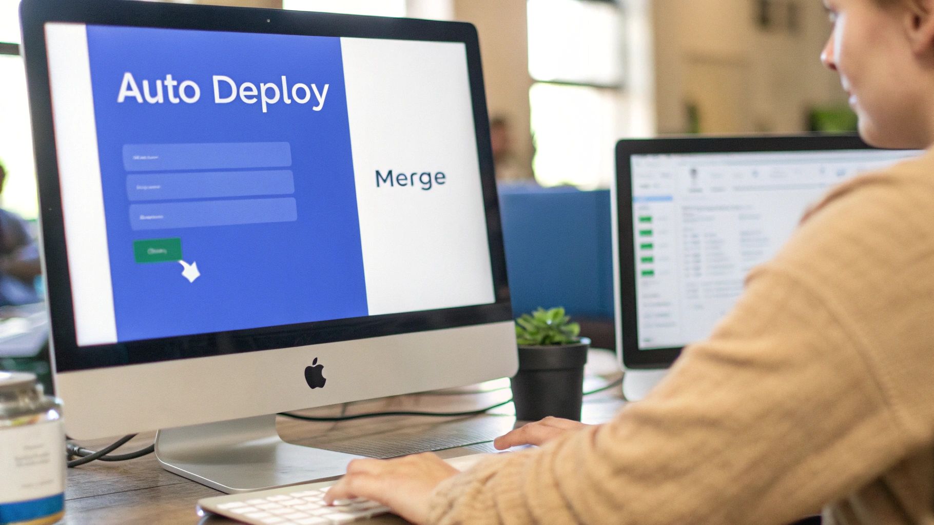 A person clicks 'Deploy' on a computer screen showing 'Auto Deploy' interface for website hosting.
